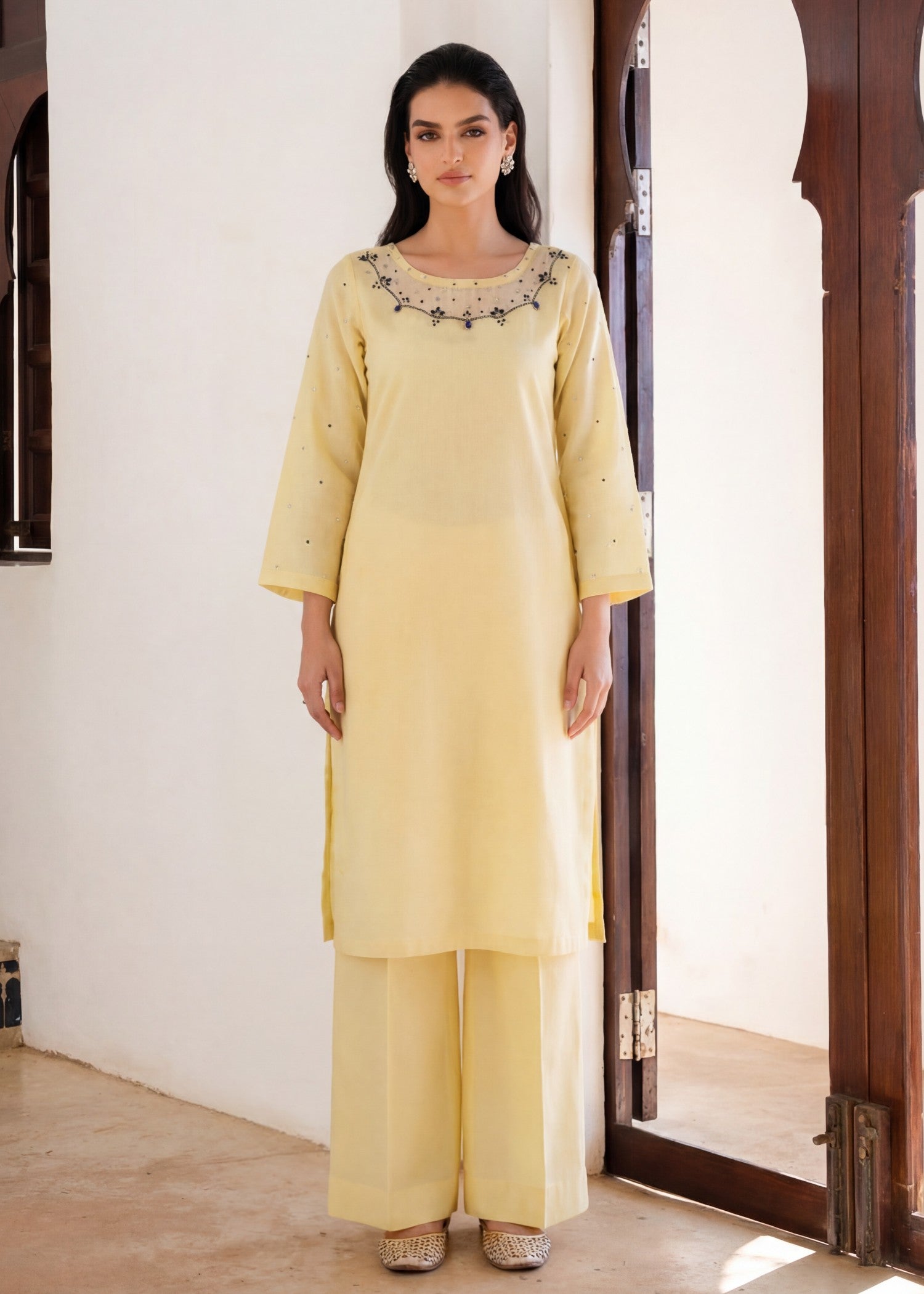 textured lawn Kurta Set in Lemon