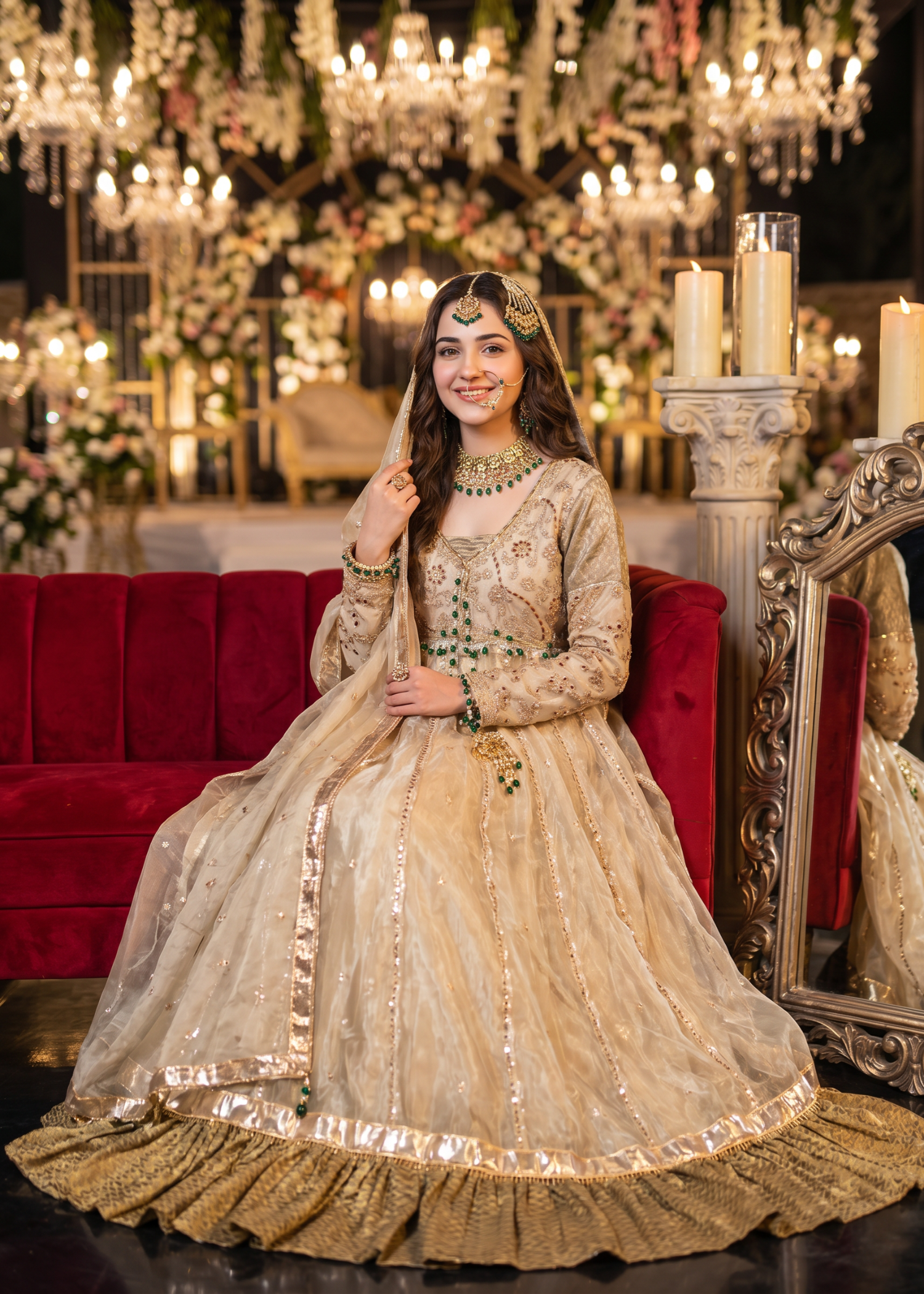 organza Pishwas in Gold, army green