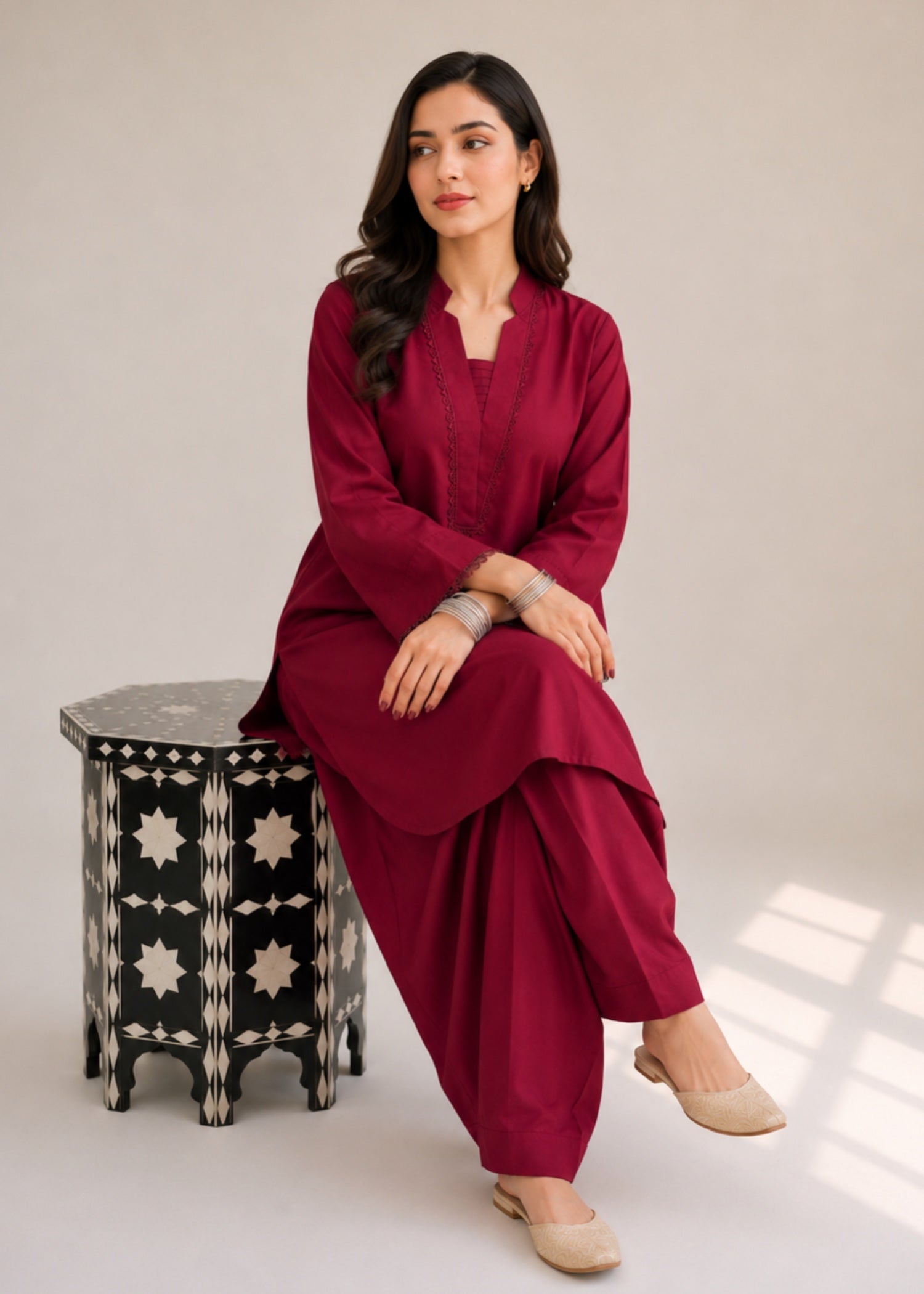 lawn cotton Co Ord Sets in Maroon