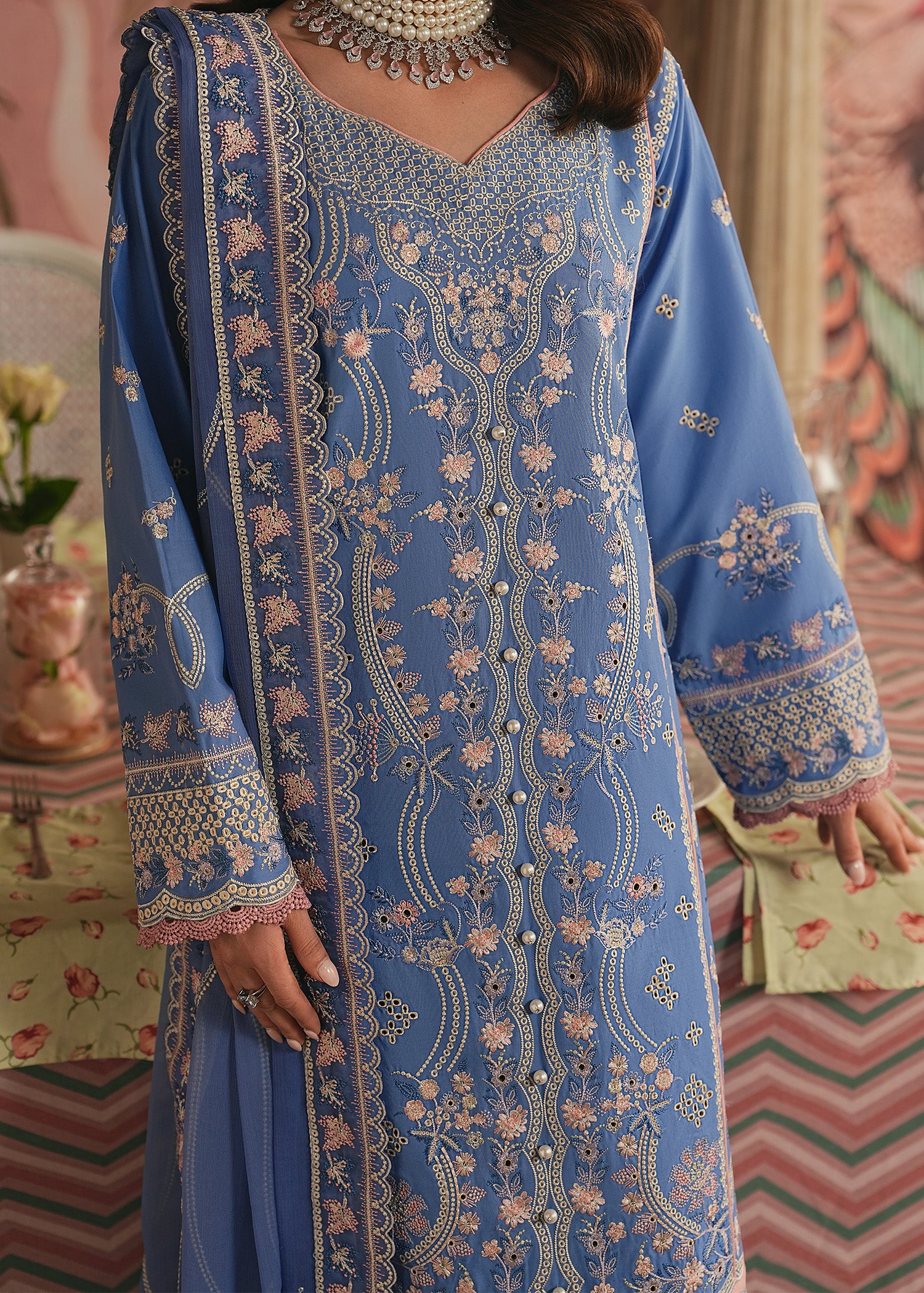 lawn Kurta Set in Cornflower blue