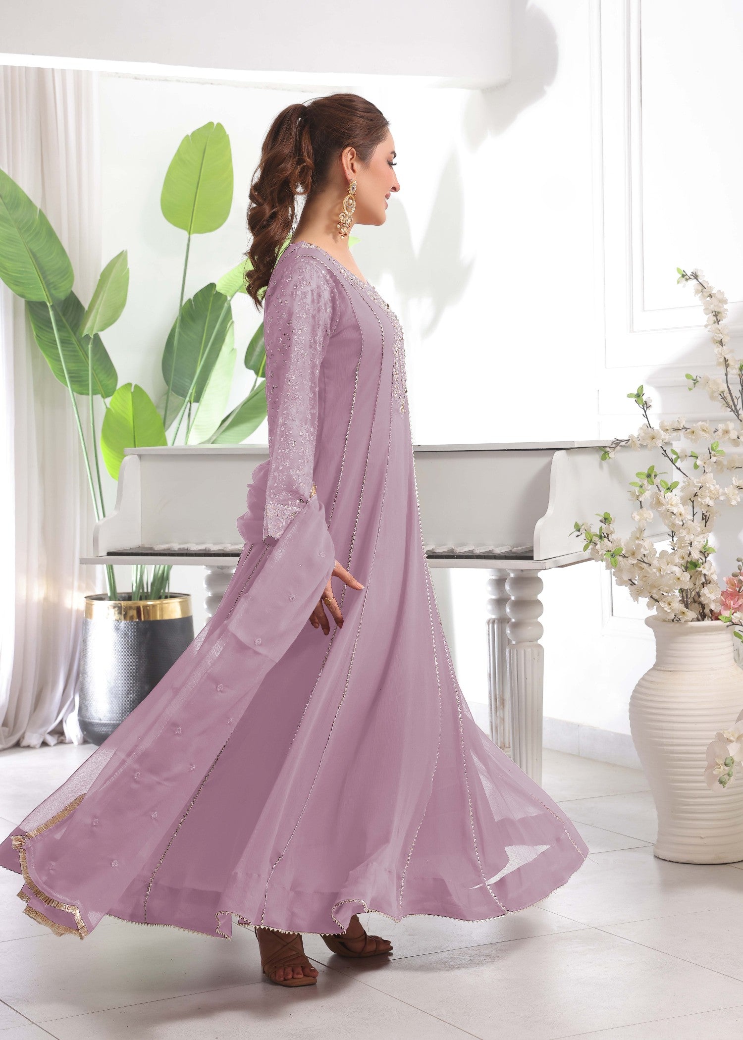 chiffon Anarkali in Lilac
