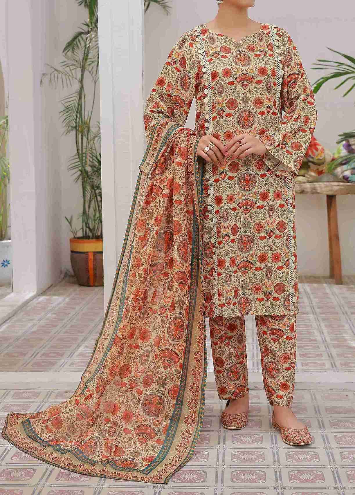 swiss lawn Kurta Set in Peach orange