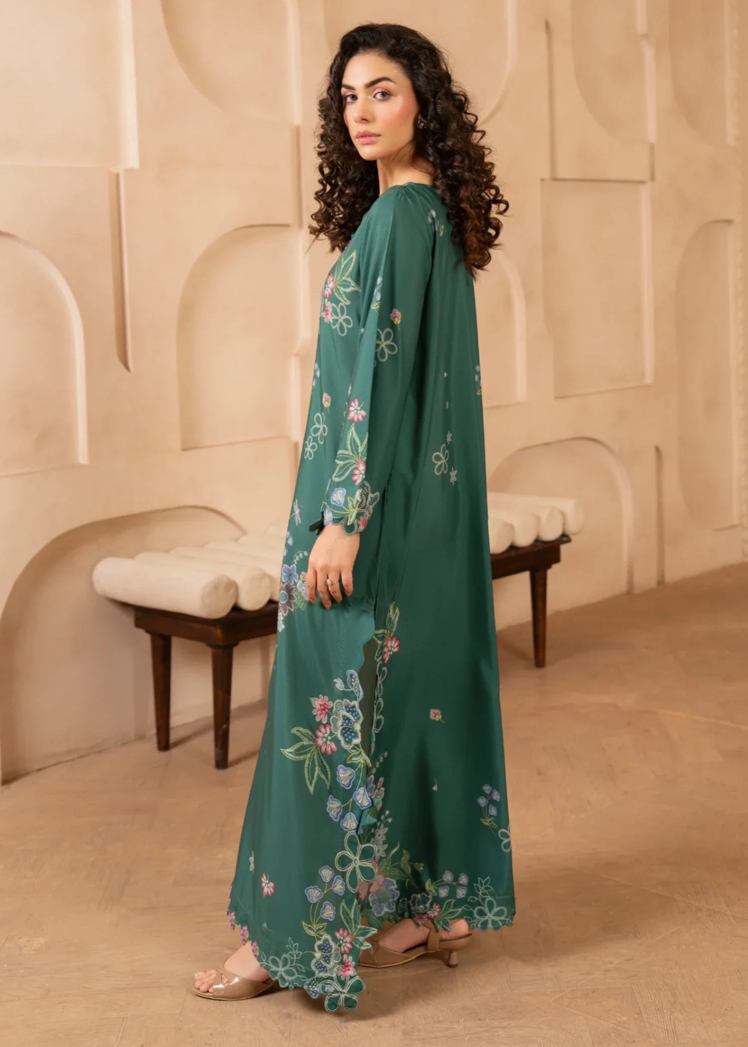 zari lawn Kaftan in Green