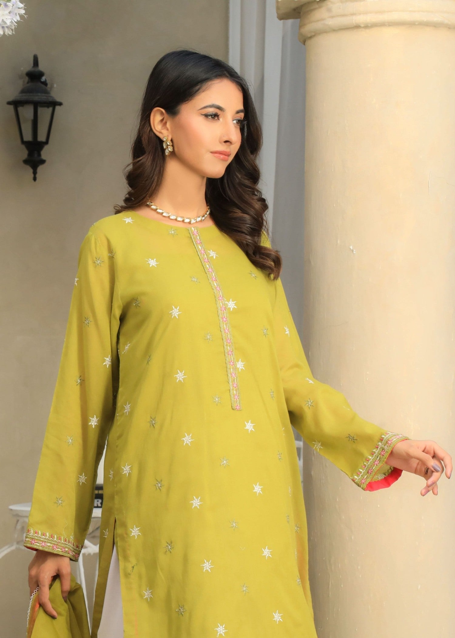 voile Kurta Set in Lime green