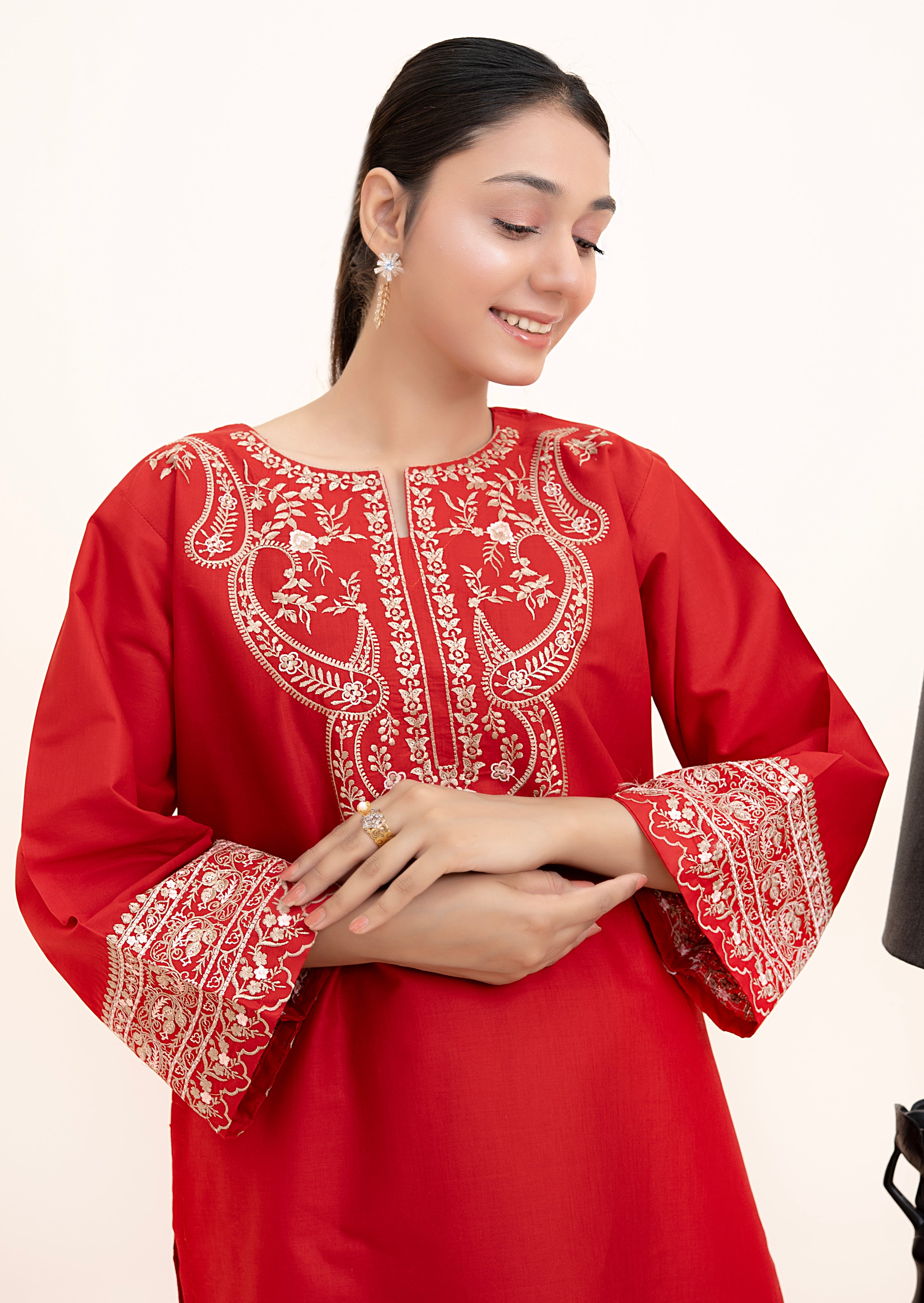 lawn cotton Kurta Set in Red