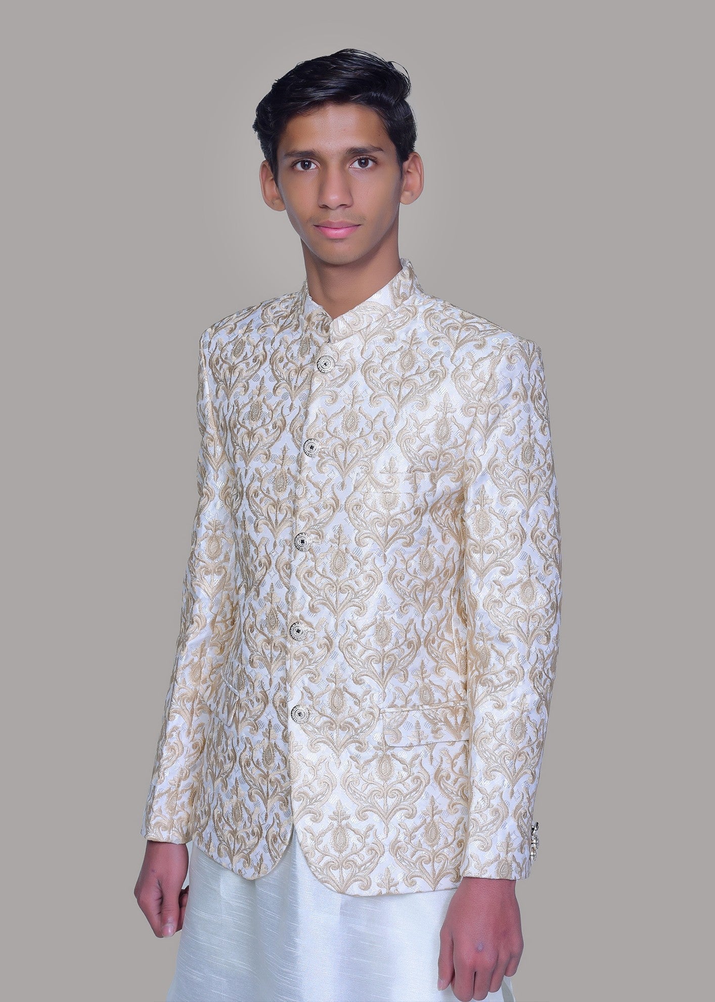 jamawar Prince Coat in Pearl white