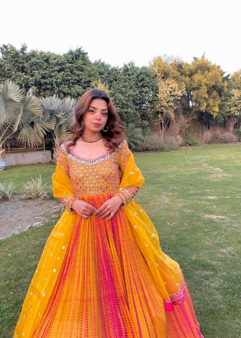 organza Pishwas in Yellow