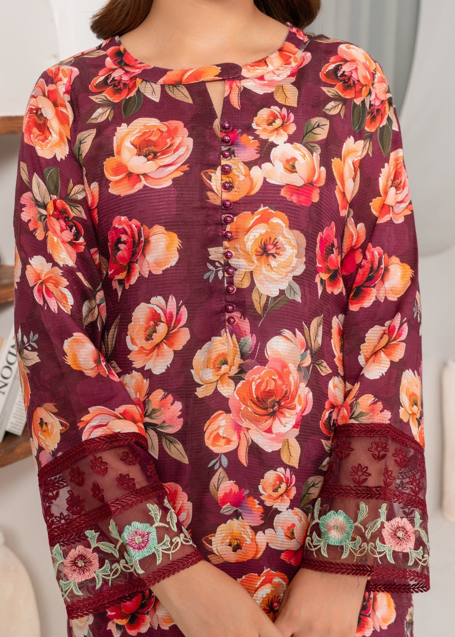 textured lawn Kurta Set in Maroon