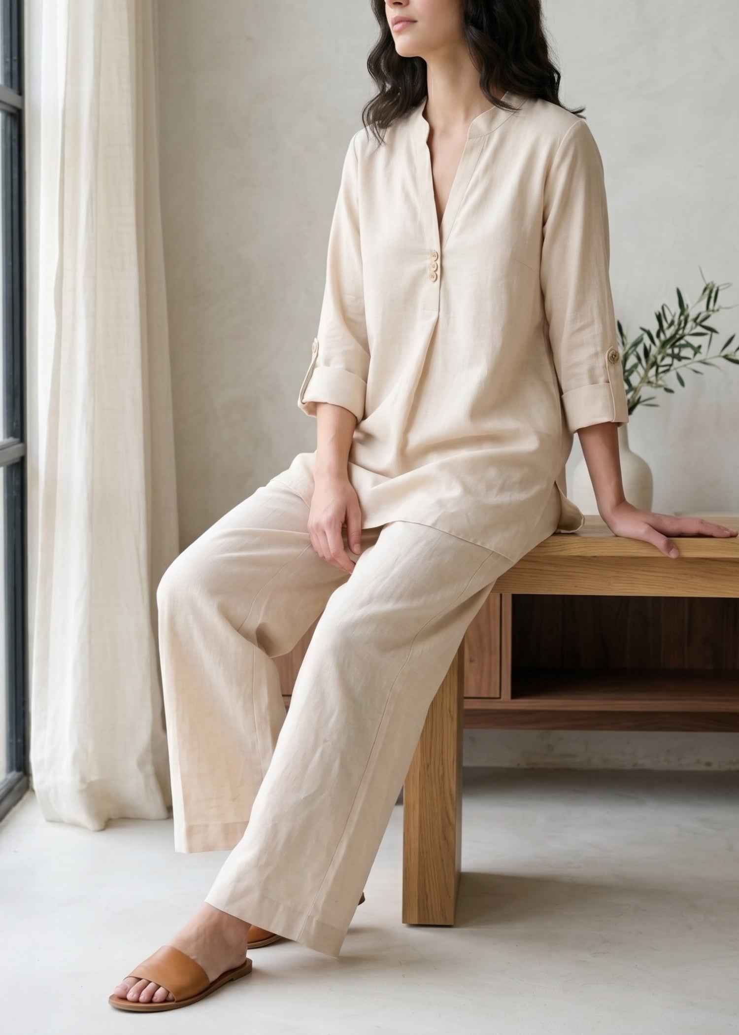 blended linen Co Ord Sets in Beige