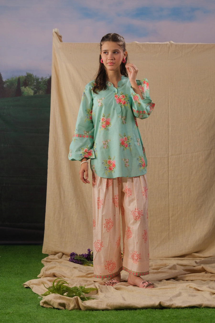 lawn cotton Kurta Set in Aquamarine
