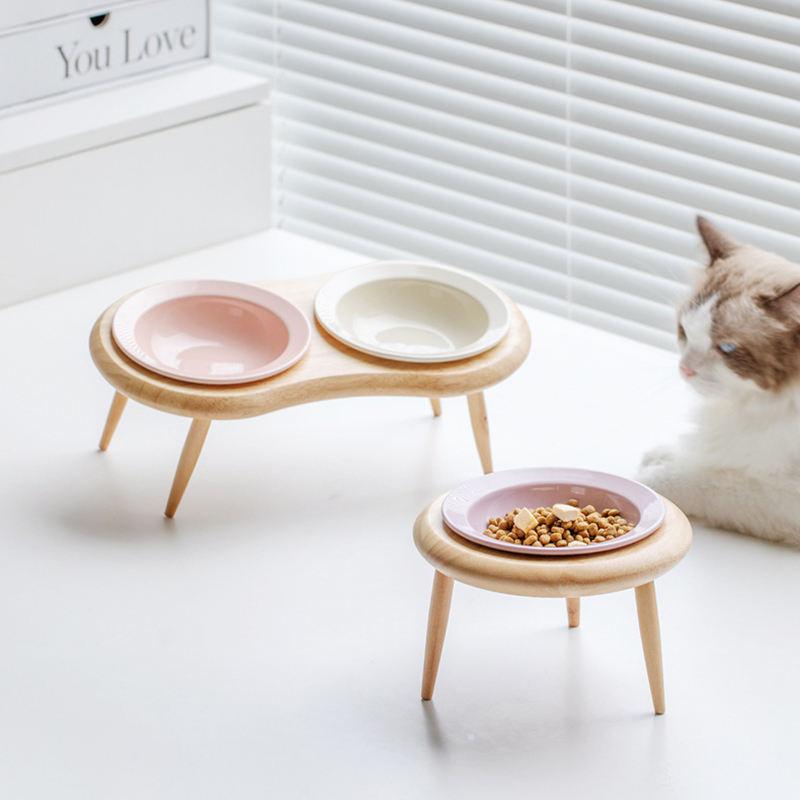 Elevated Cat and Small Dog Ceramic Food and Water Bowls with Wooden Stand