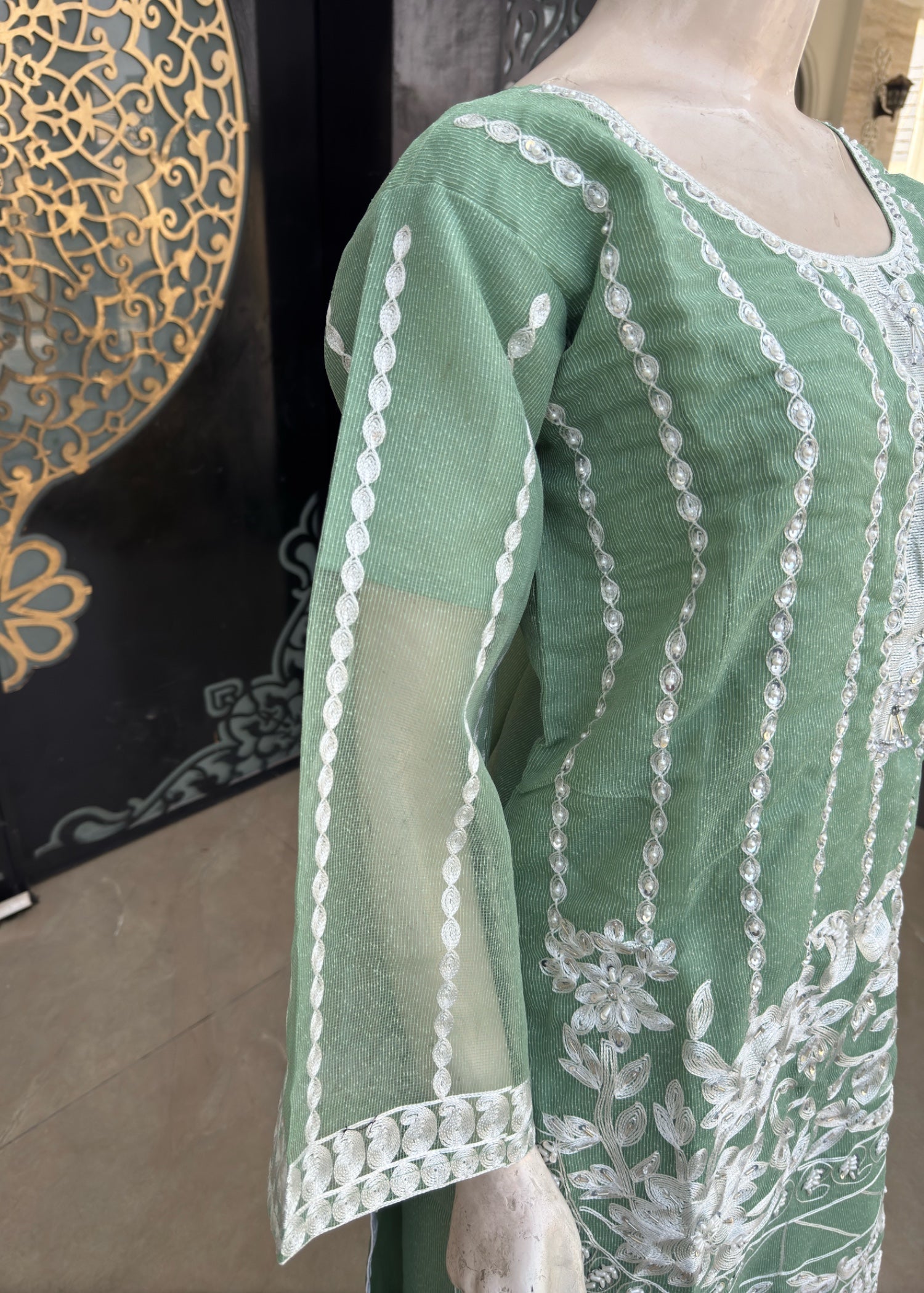 khaddi net Kurta Set in Mint green