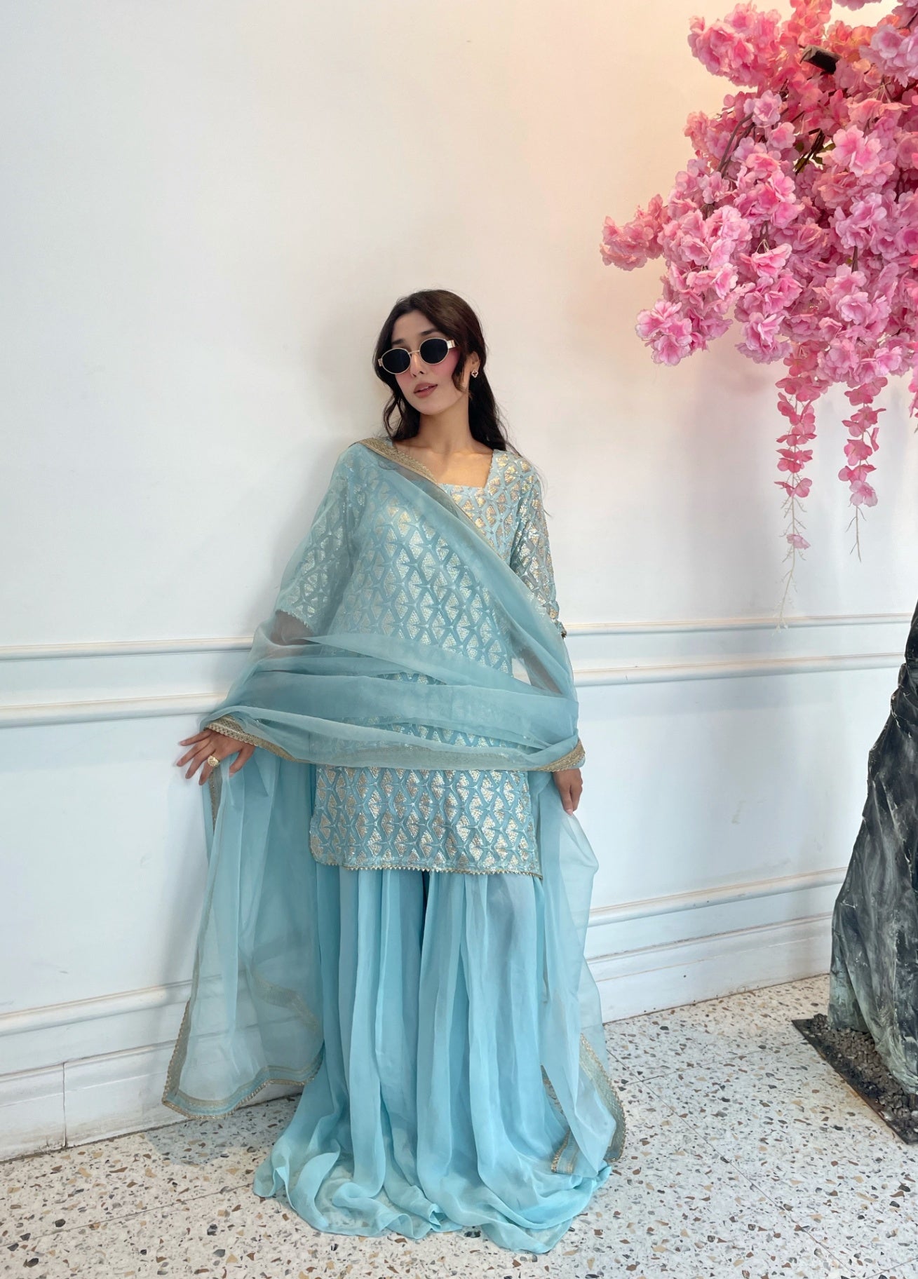 bemberg crinkle chiffon Sharara in Sky blue