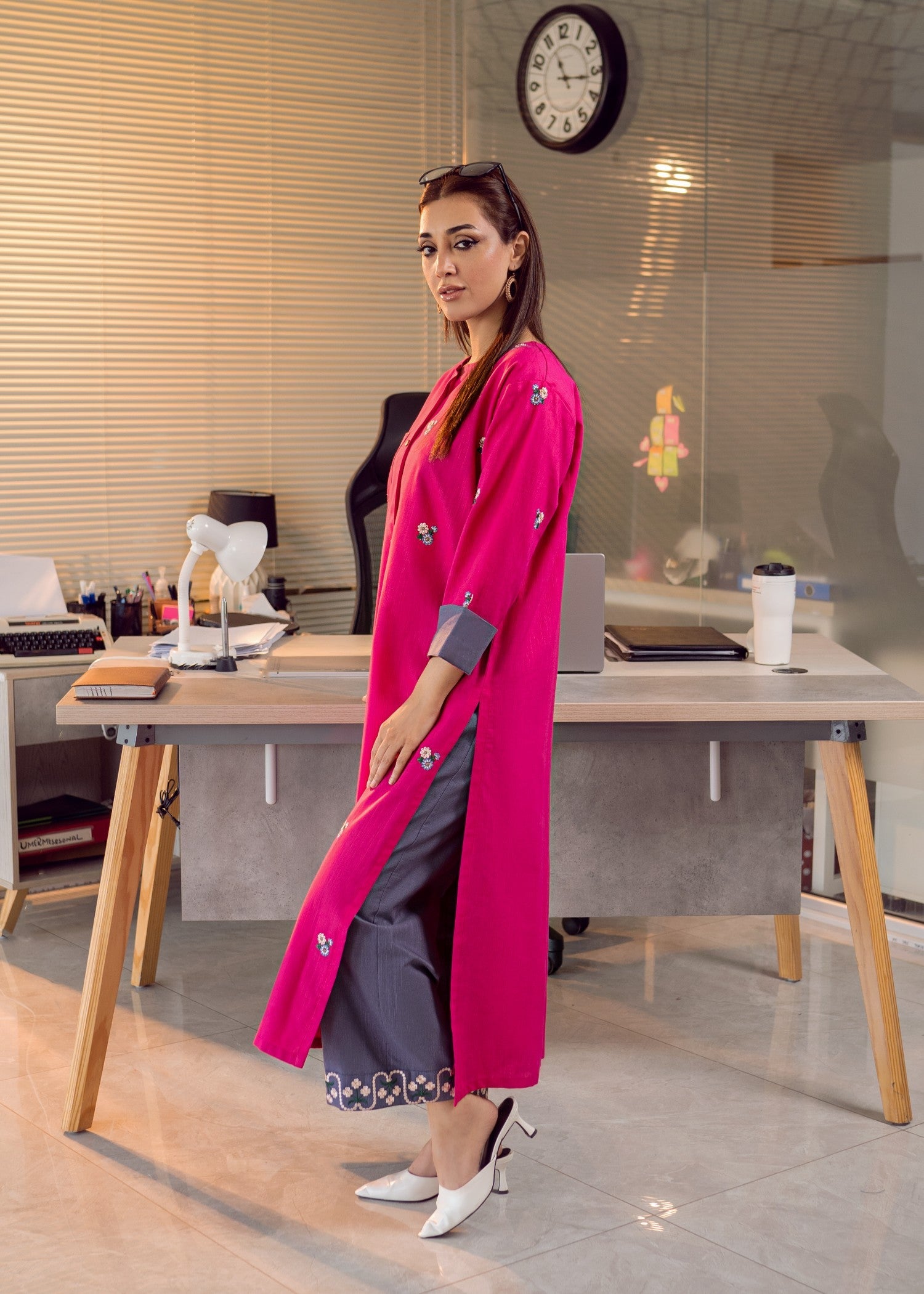 slub khaddar Kurta Set in Magenta, grey