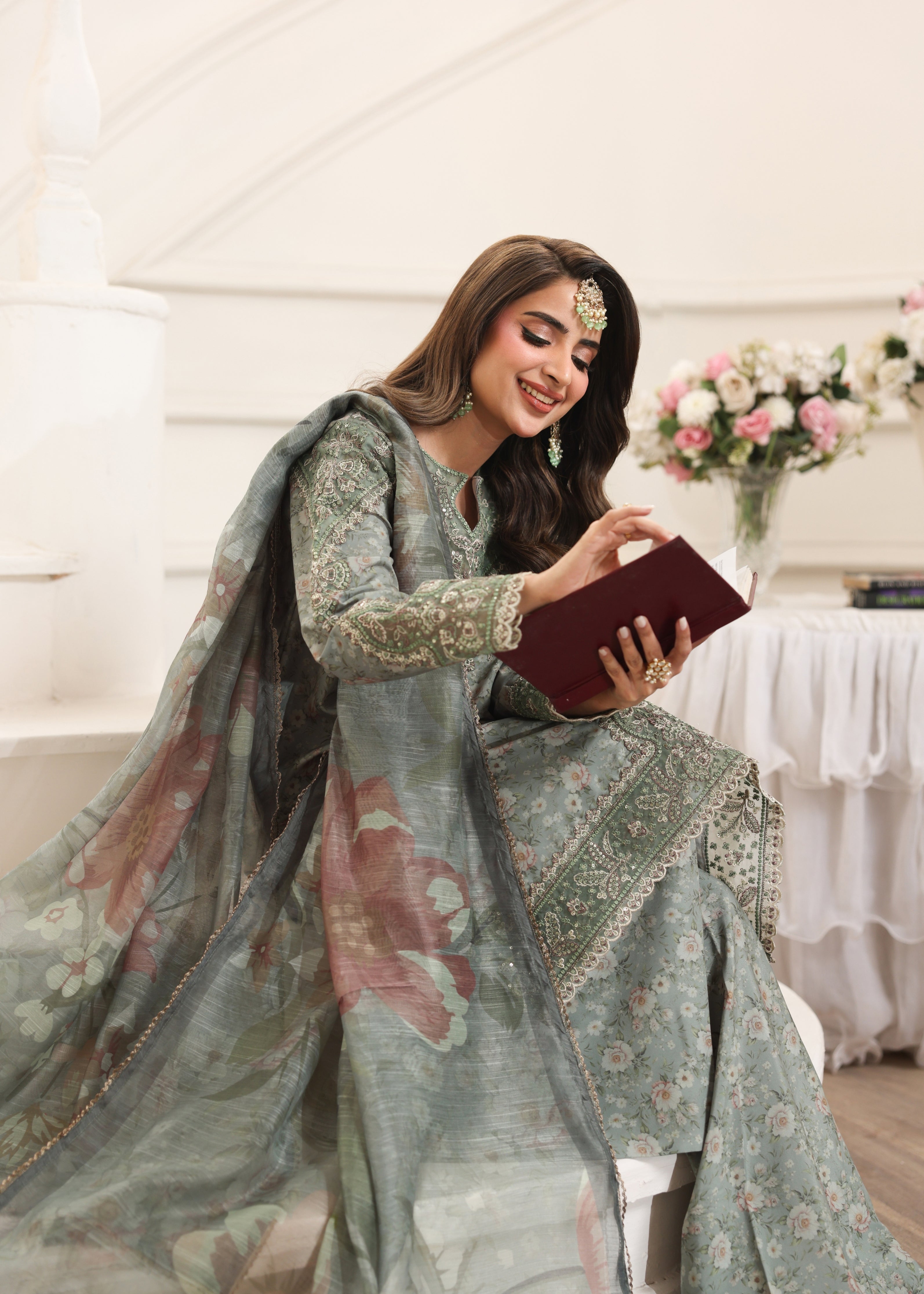 silk Kurta Set in Apple green, grey