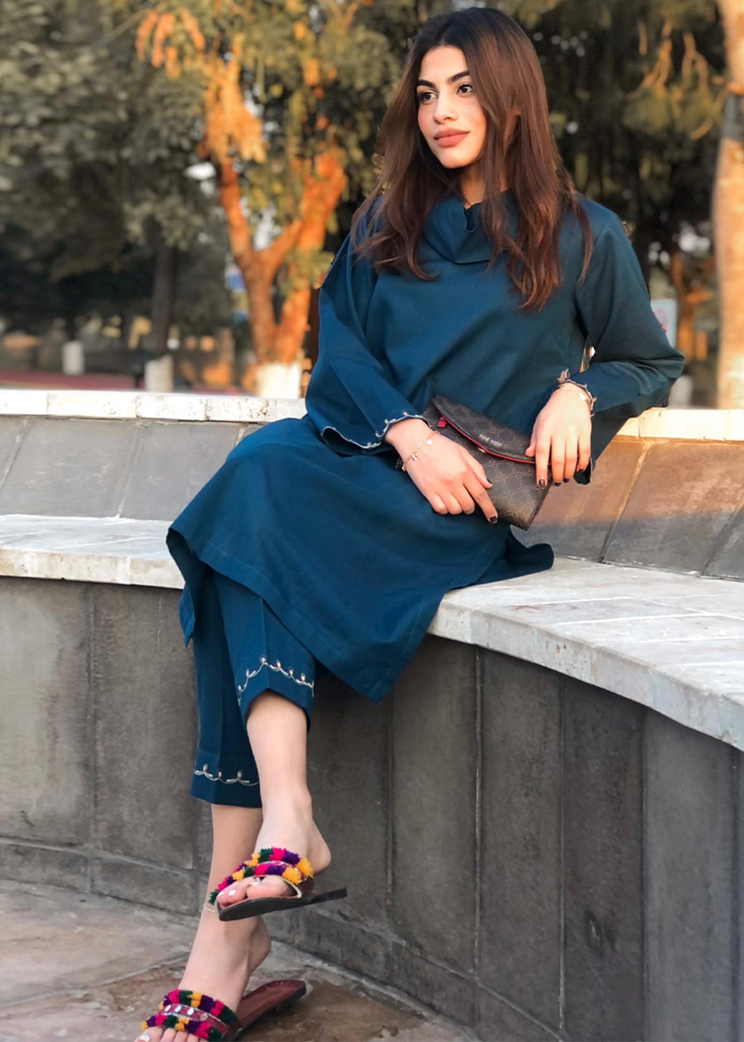 twill cambric Kurta Set in Teal