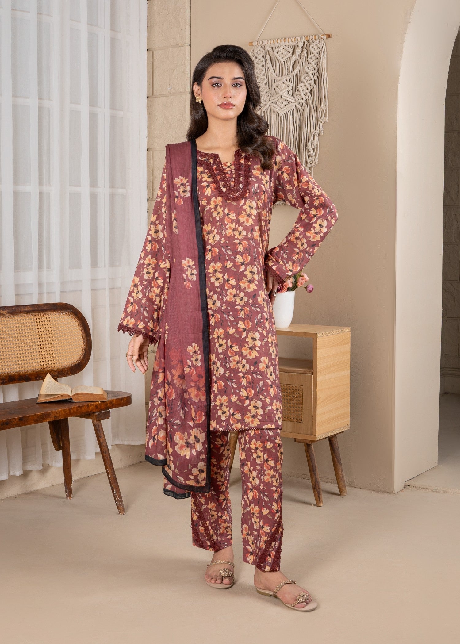 textured lawn Kurta Set in Copper red