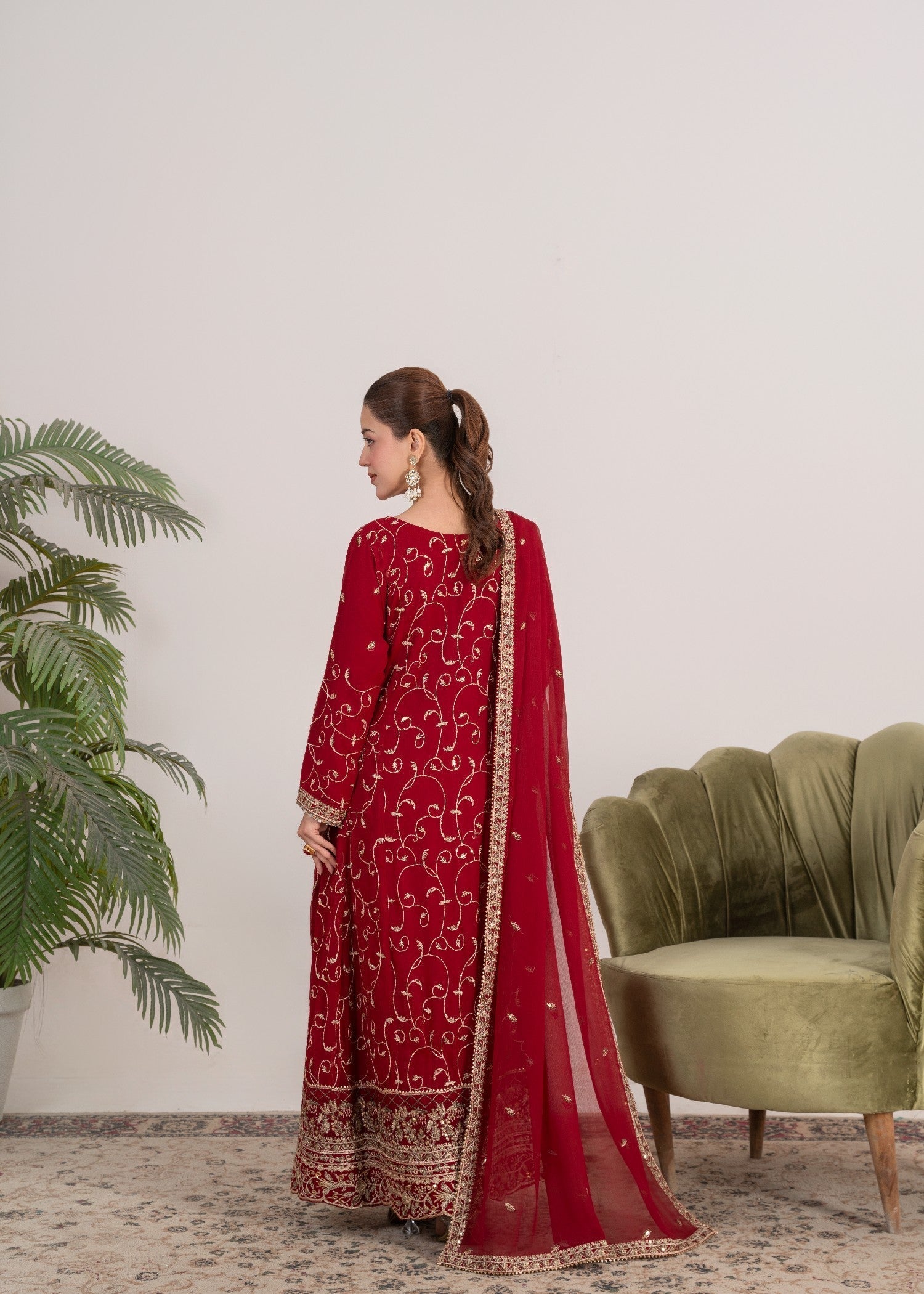 chiffon Pishwas in Rose red