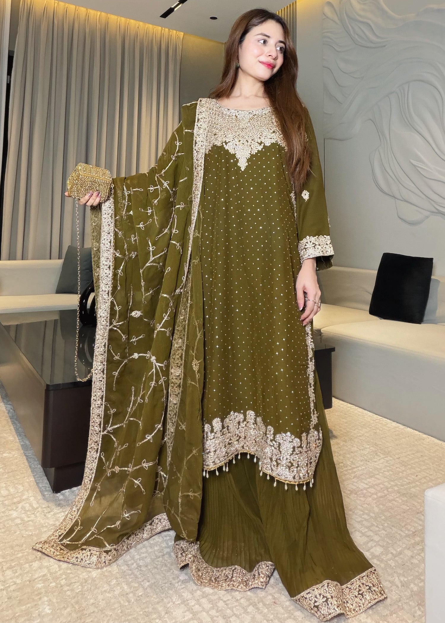 chiffon Sharara in Olive green