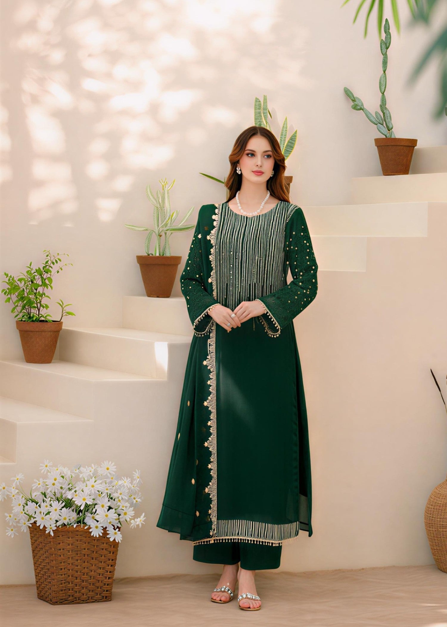 chiffon Kurta Set in Bottle green