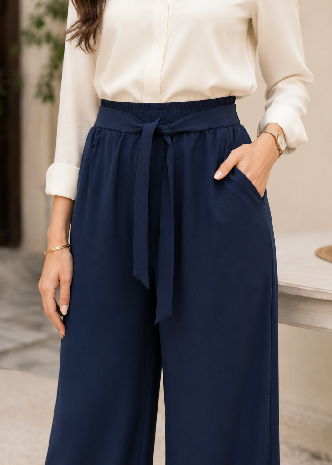polyester Trousers in Navy blue