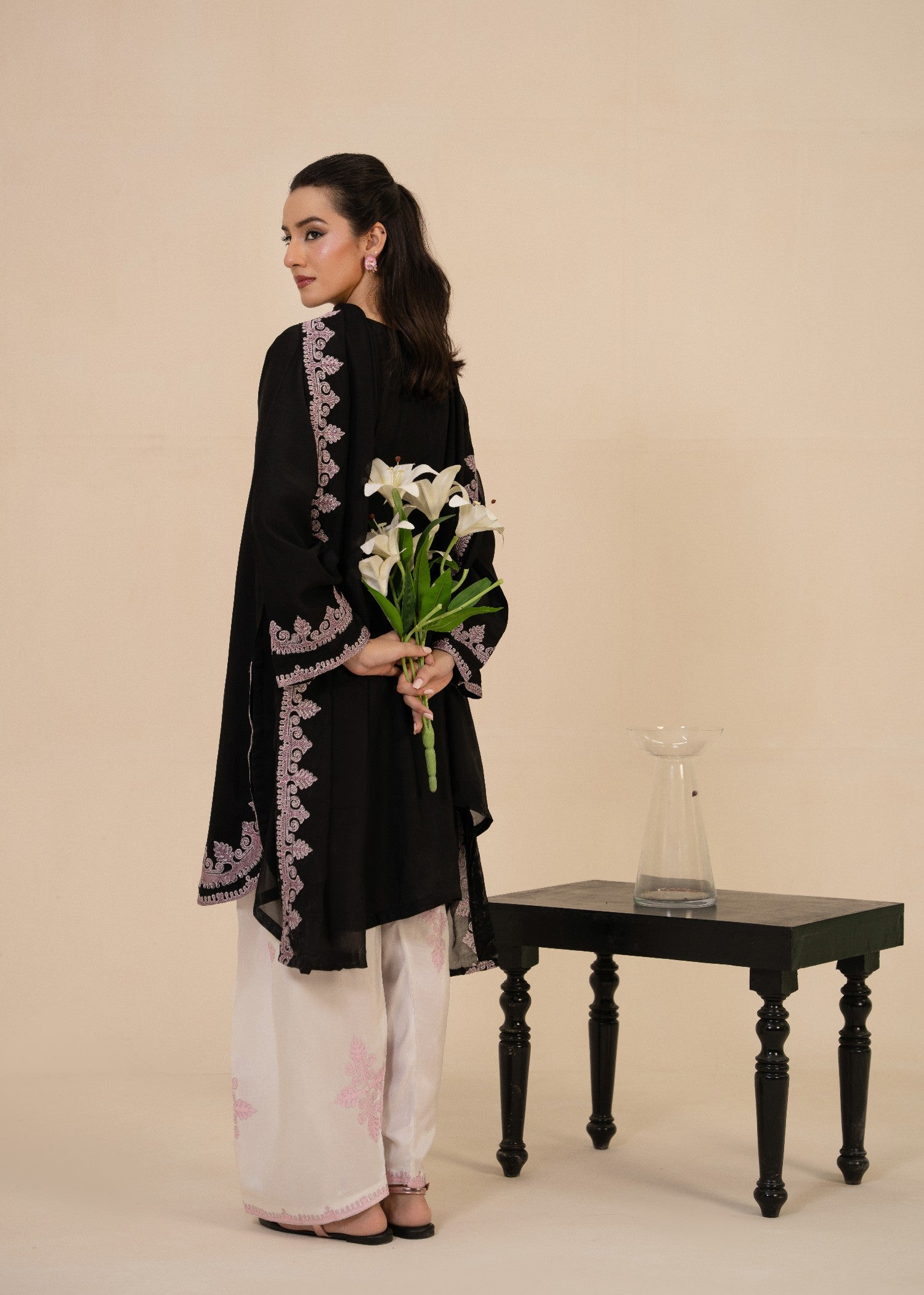 korean raw silk Kurta Set in Black