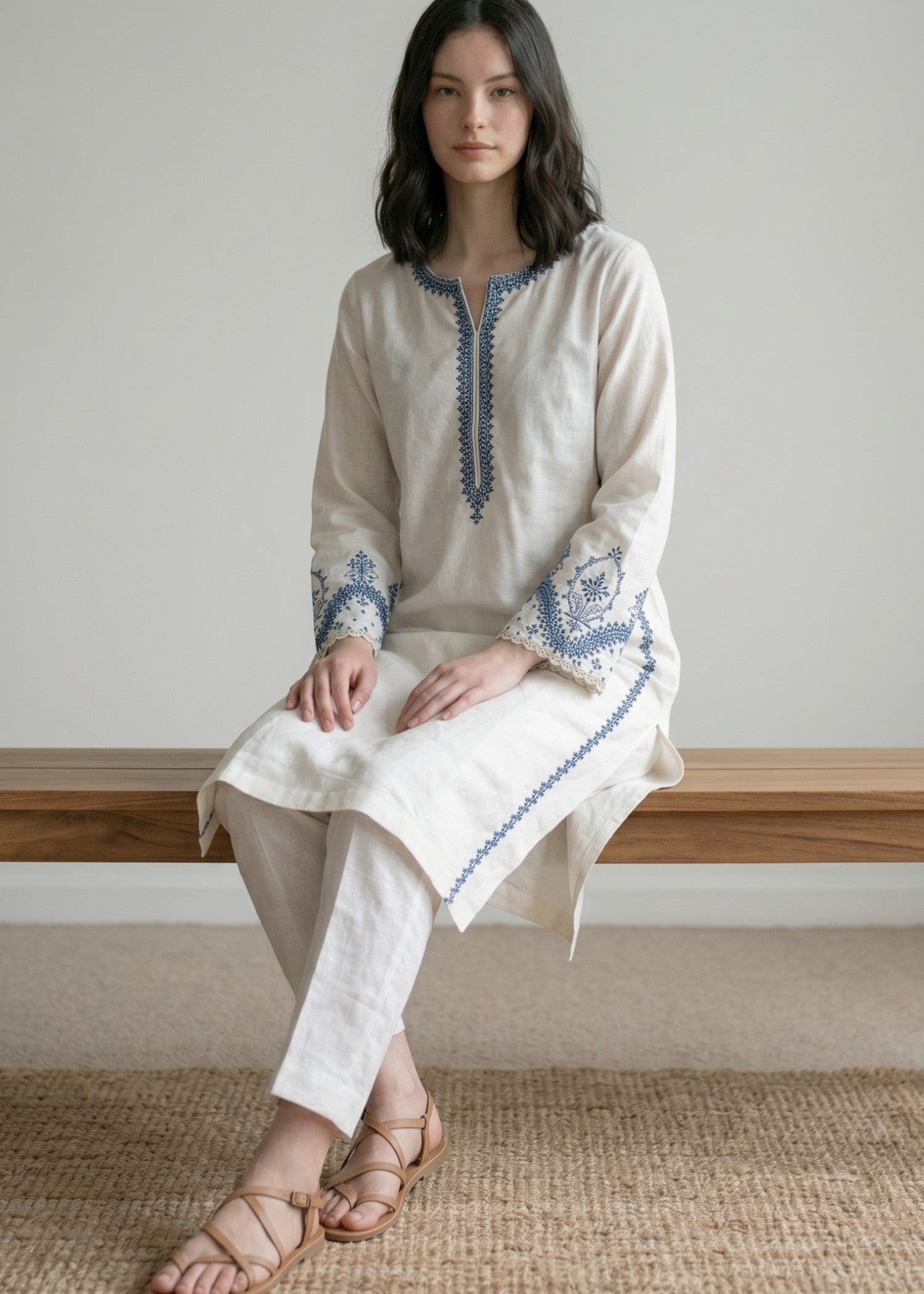 cotton jacquard Kurta Set in Ivory