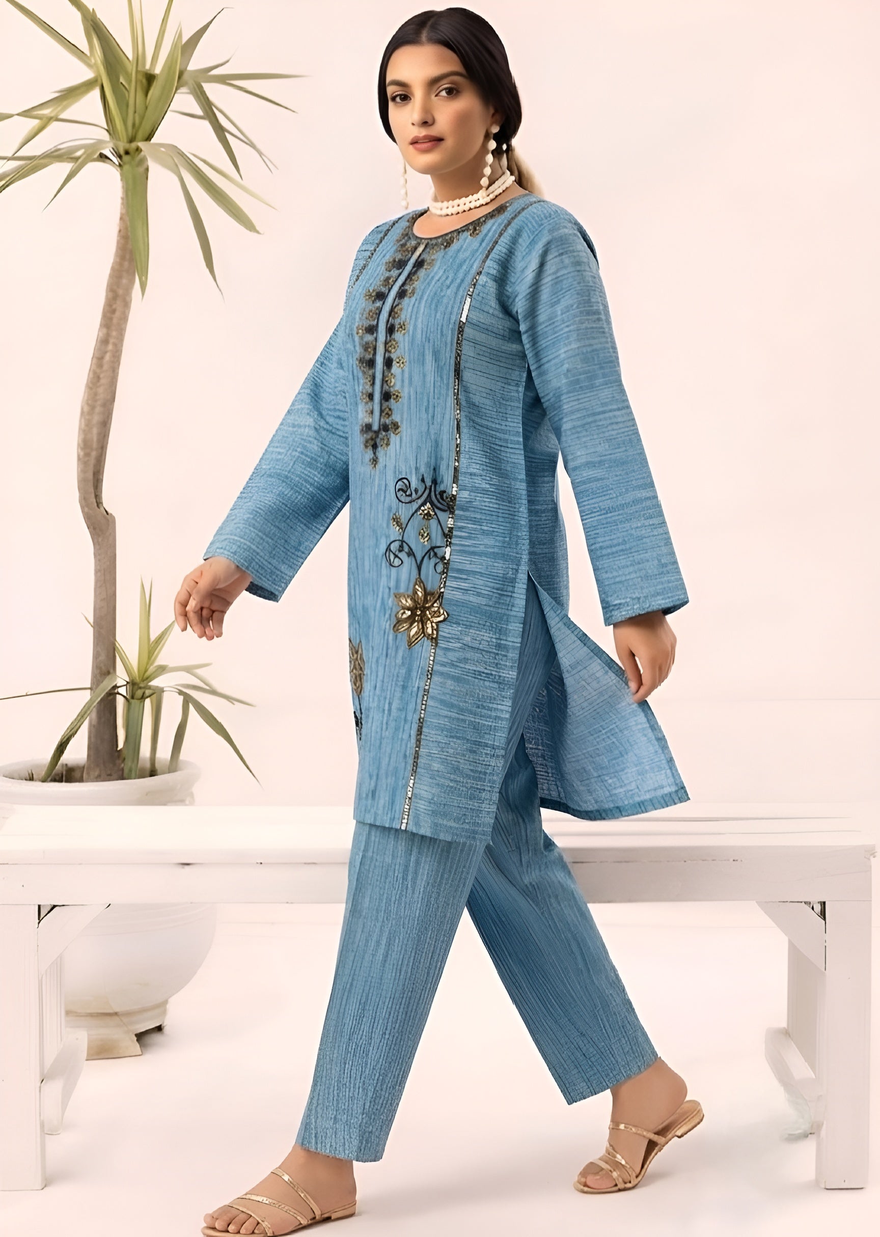 linen Kurta Set in Cornflower blue