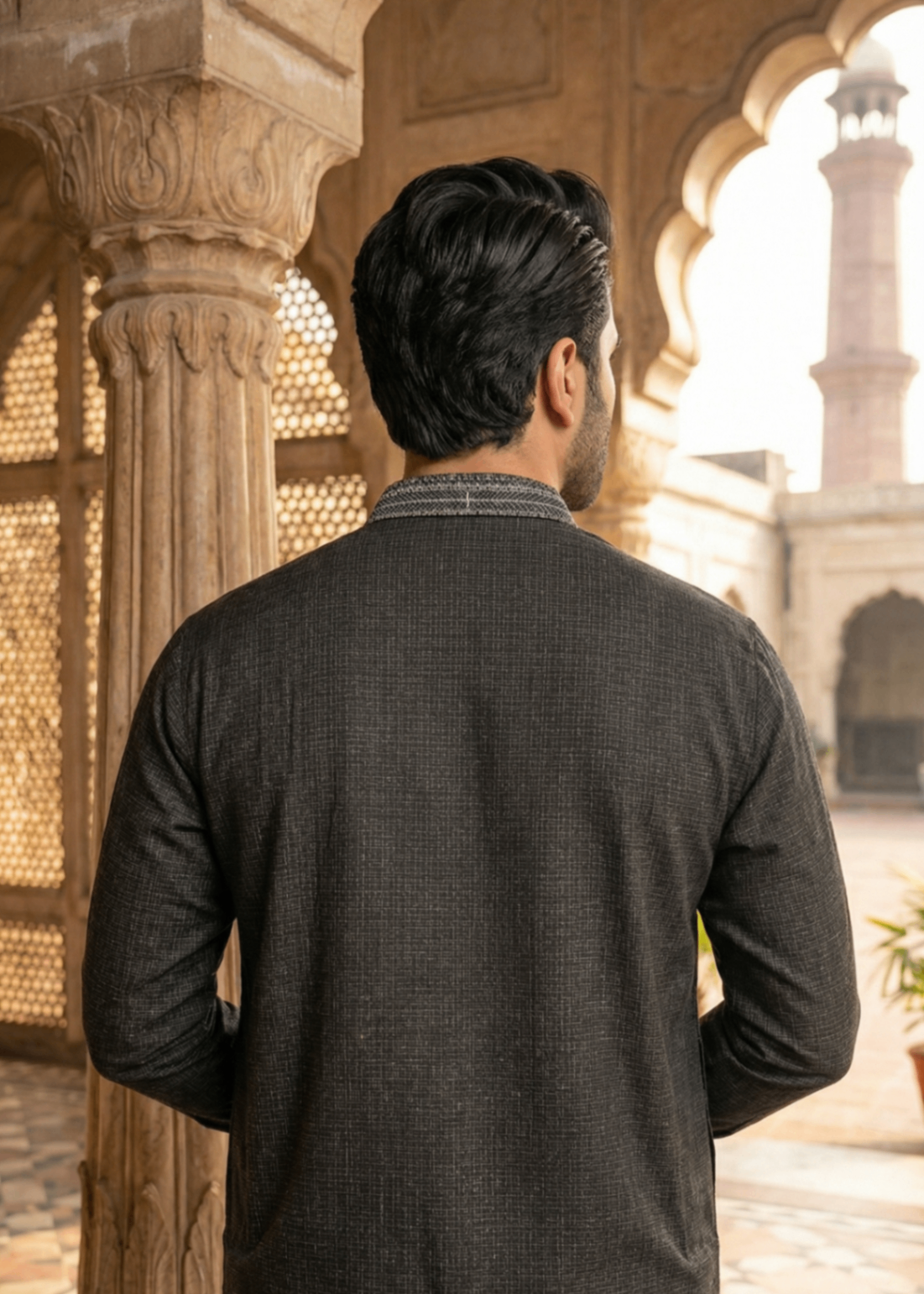 textured wash & wear Kurta Set in Iron grey
