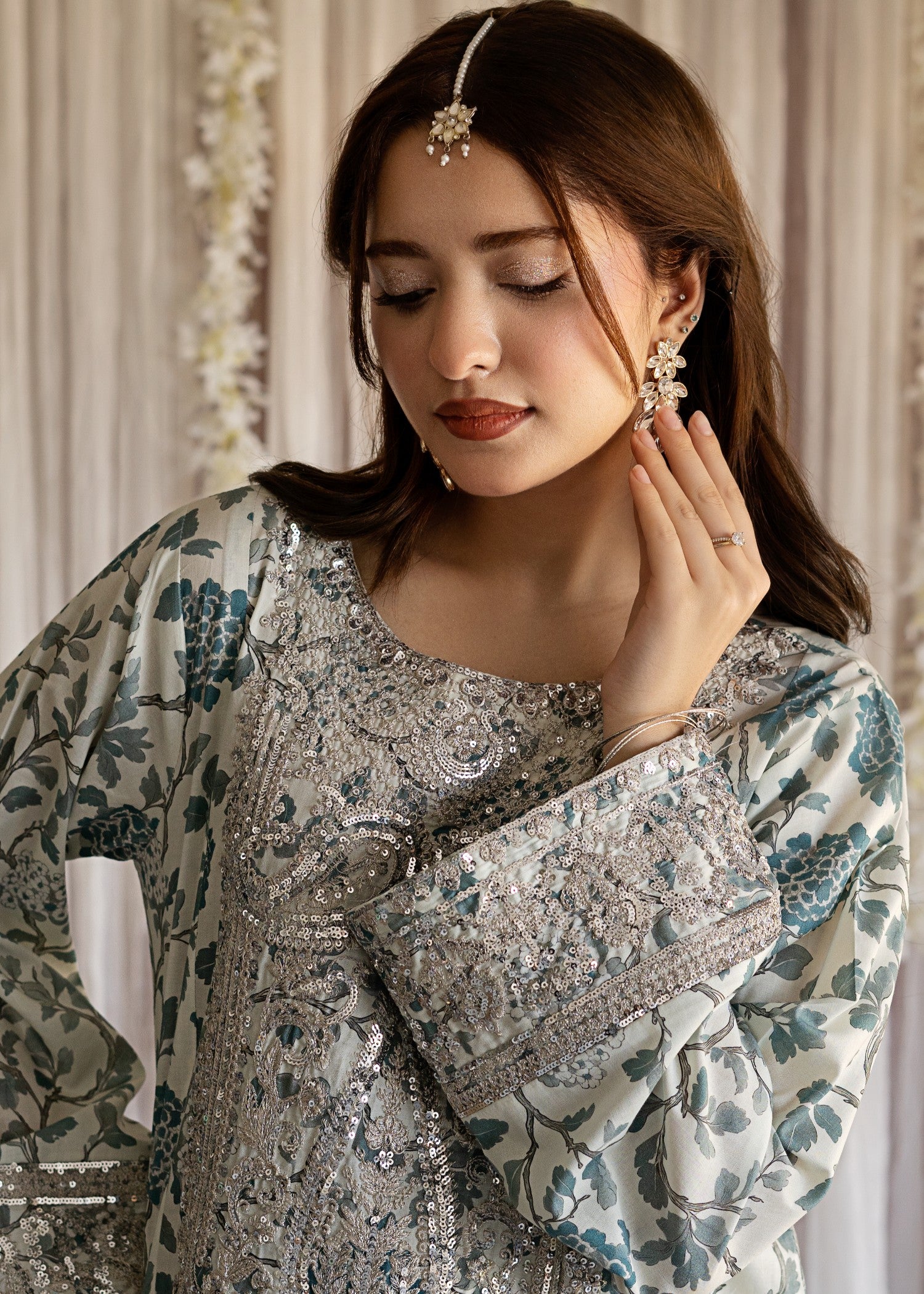 lawn Kurta Set in Off-white, steel blue