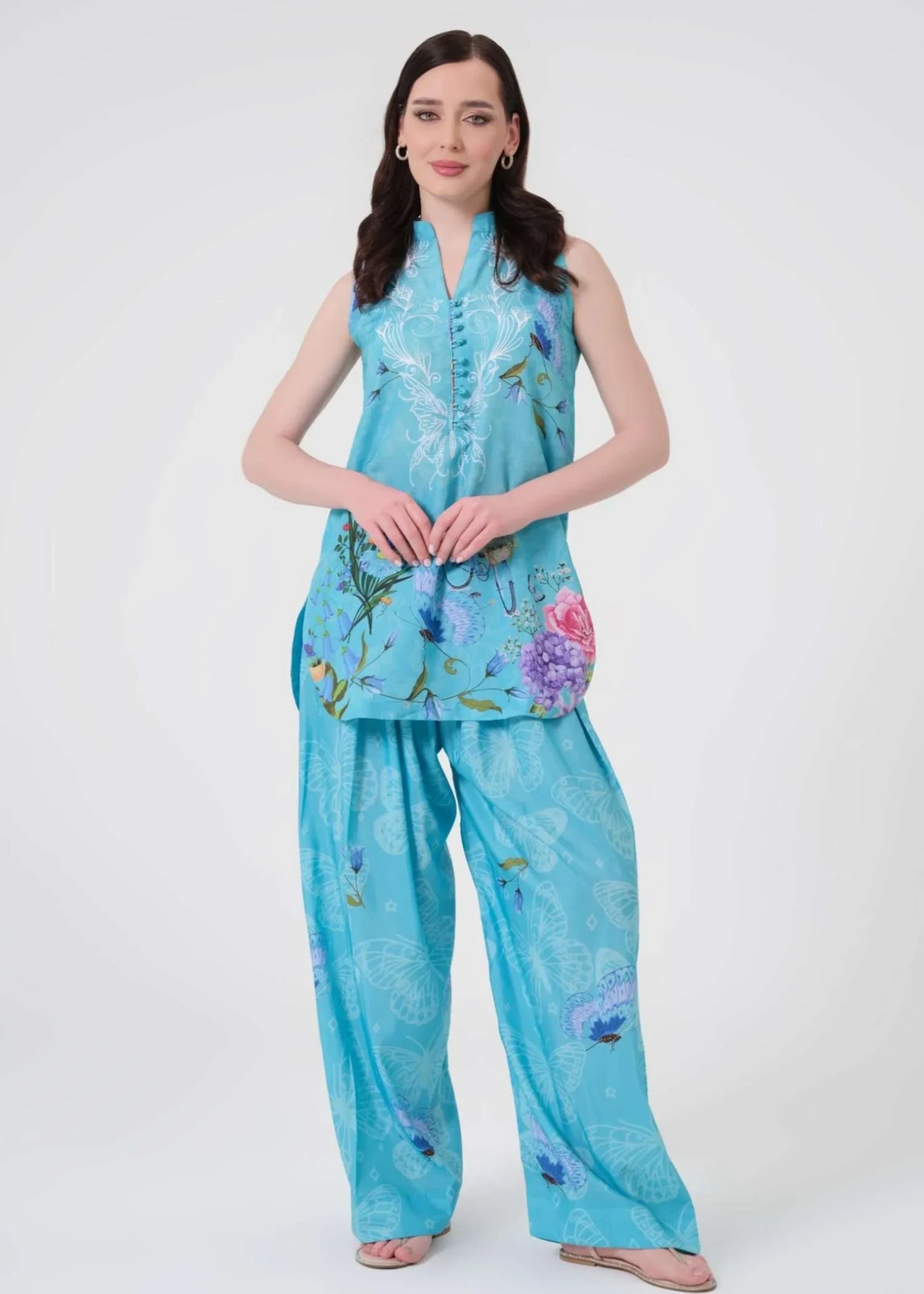 swiss lawn Kurta Set in Pacific blue