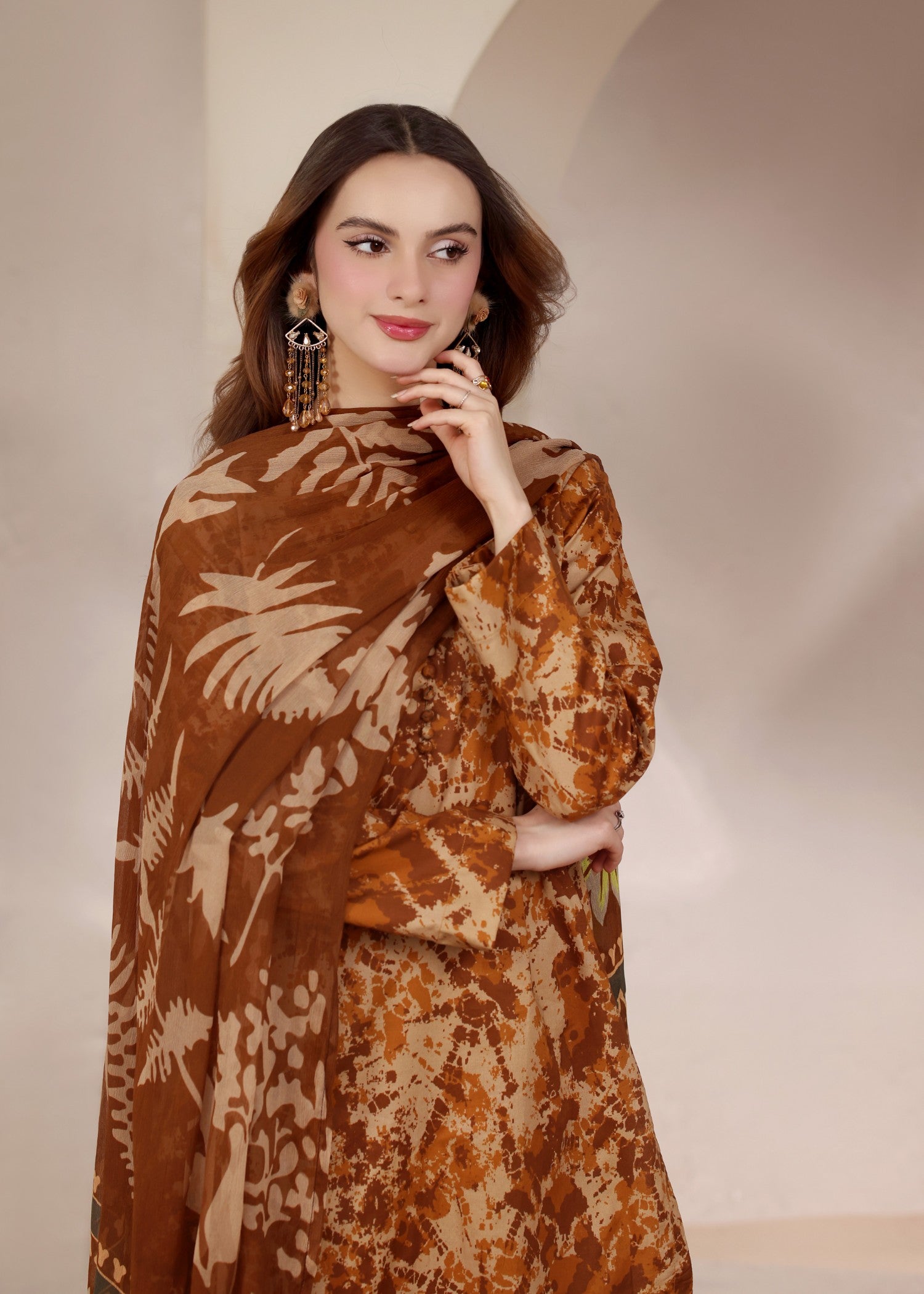 lawn Kurta Set in Hazelwood brown
