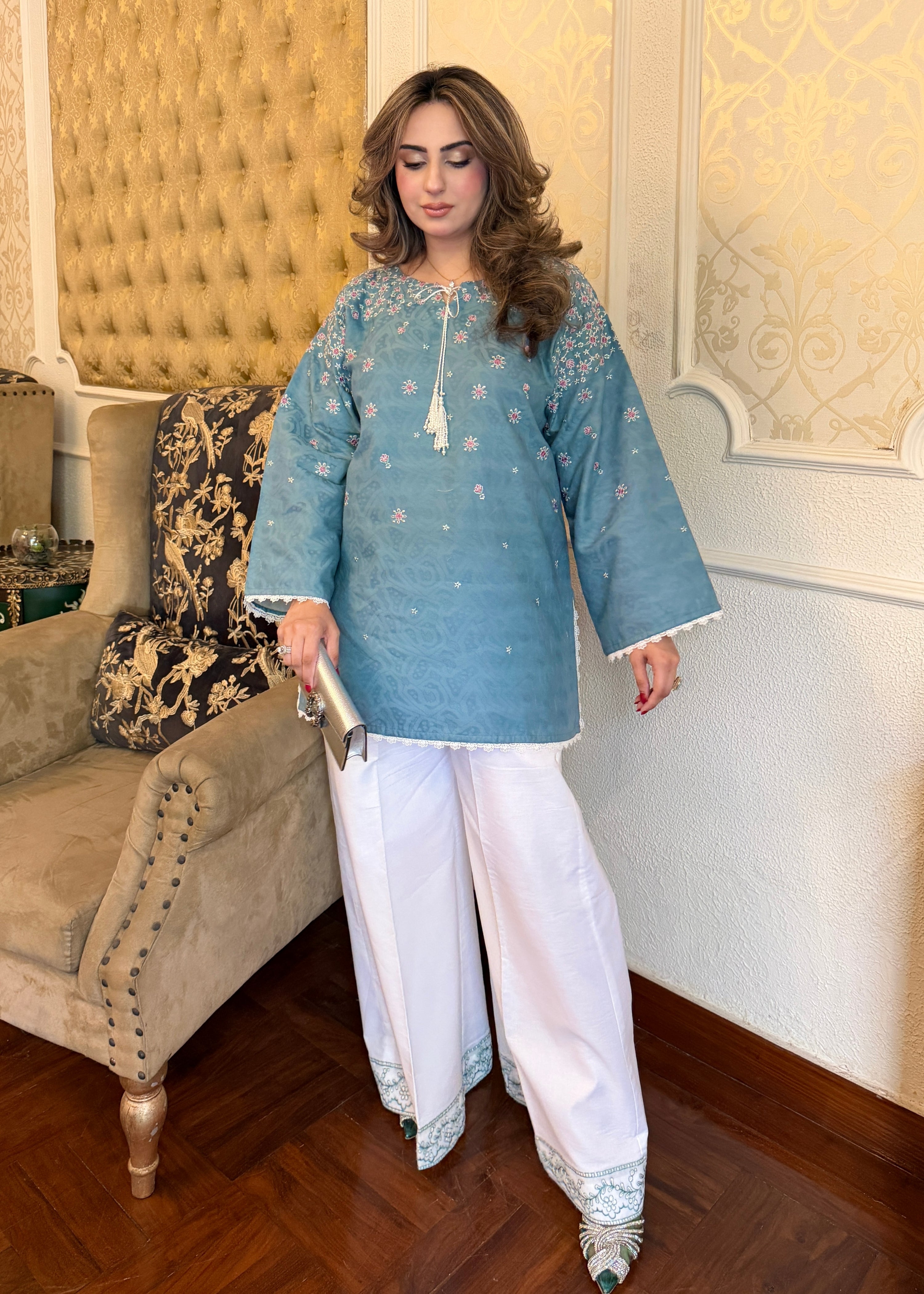 dobby crepe Kurta Set in Aquamarine