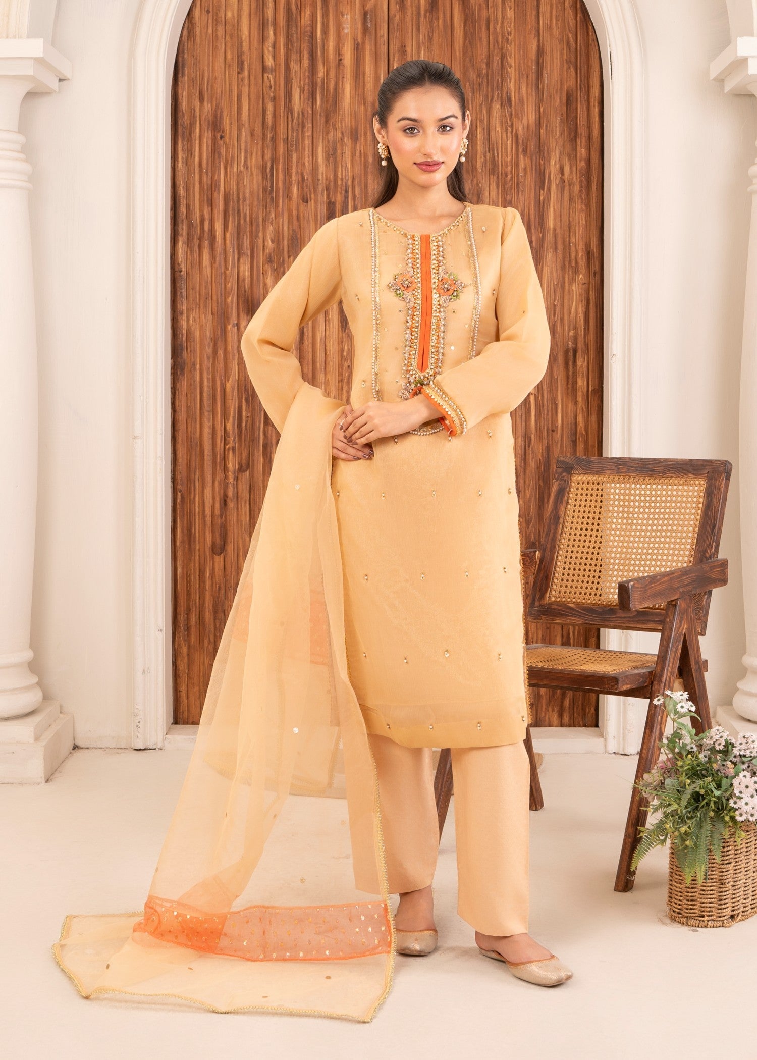 chiffon Kurta Set in Apricot orange