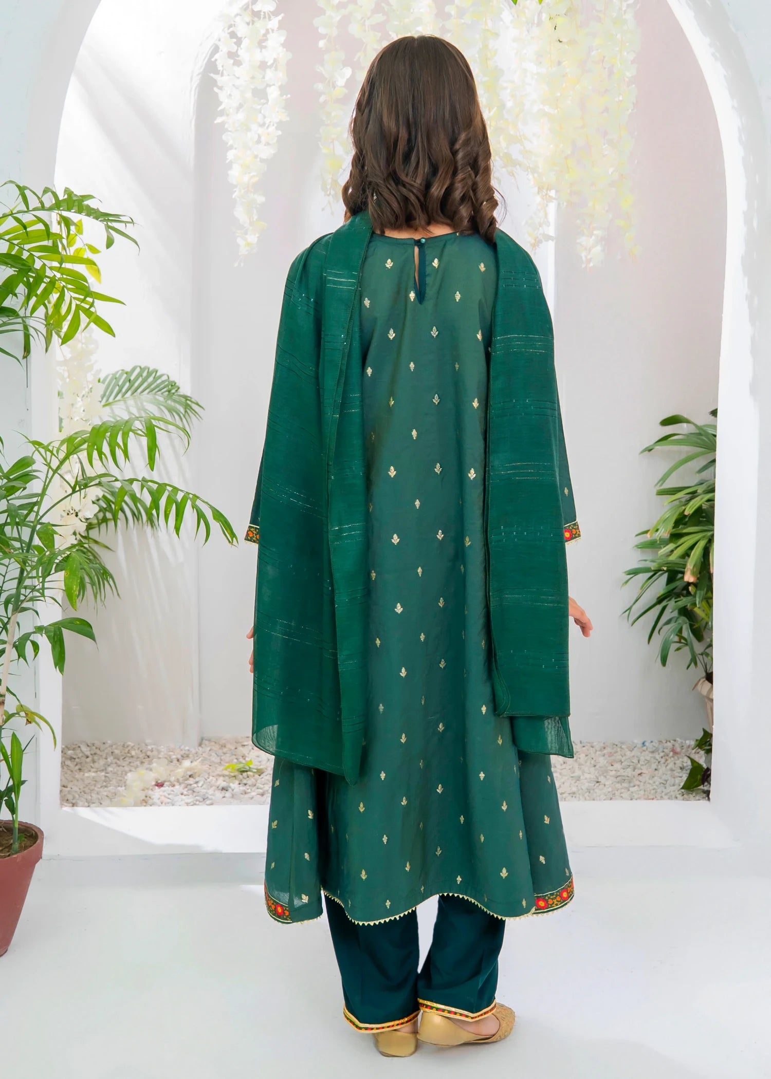 cotton jacquard Anarkali in Dark green