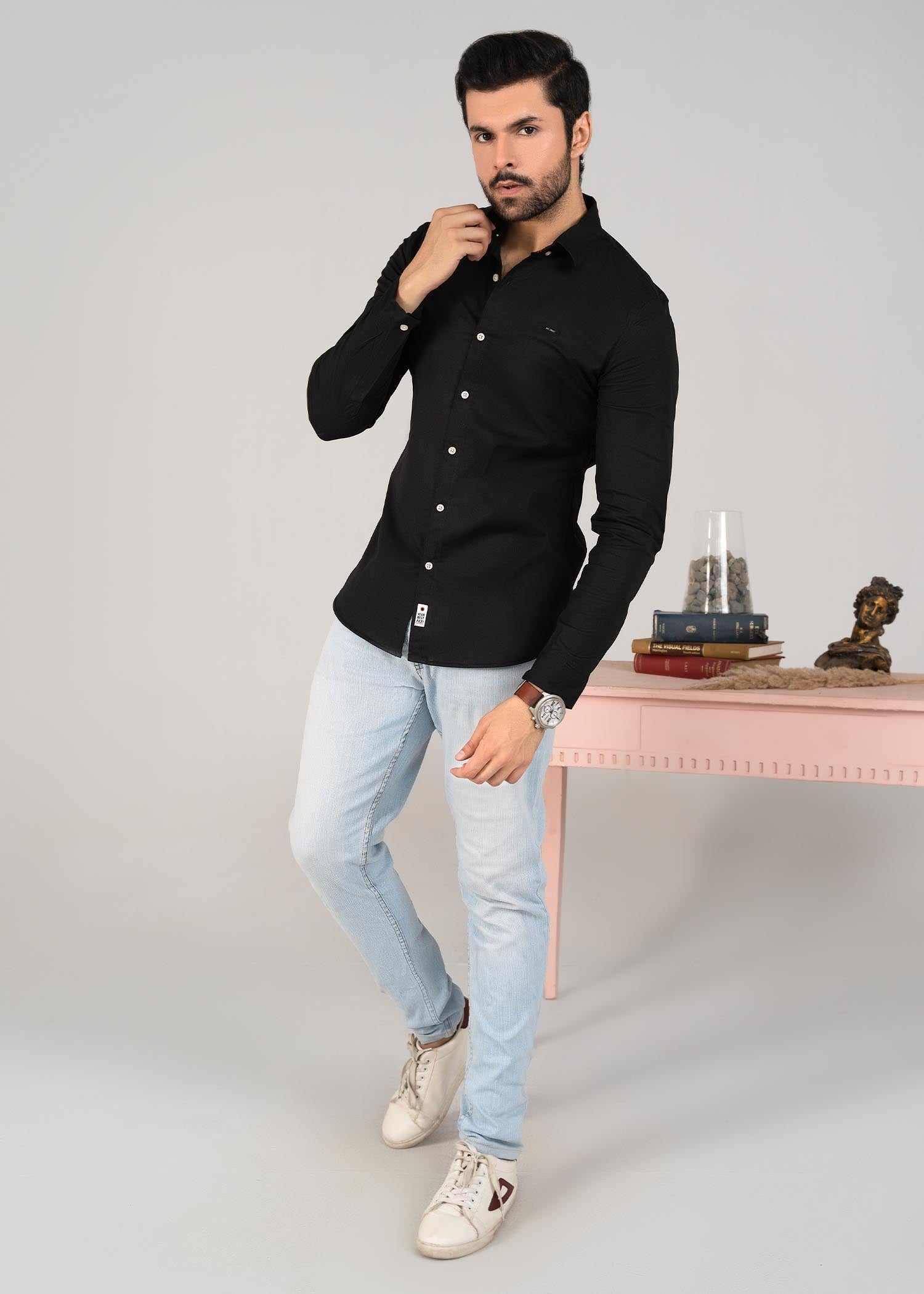 spandex Casual Shirt in Black by Pinstripe