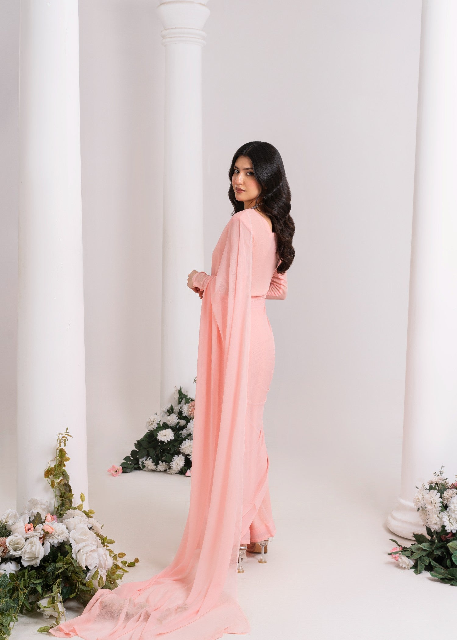 chiffon Saree in Peach pink
