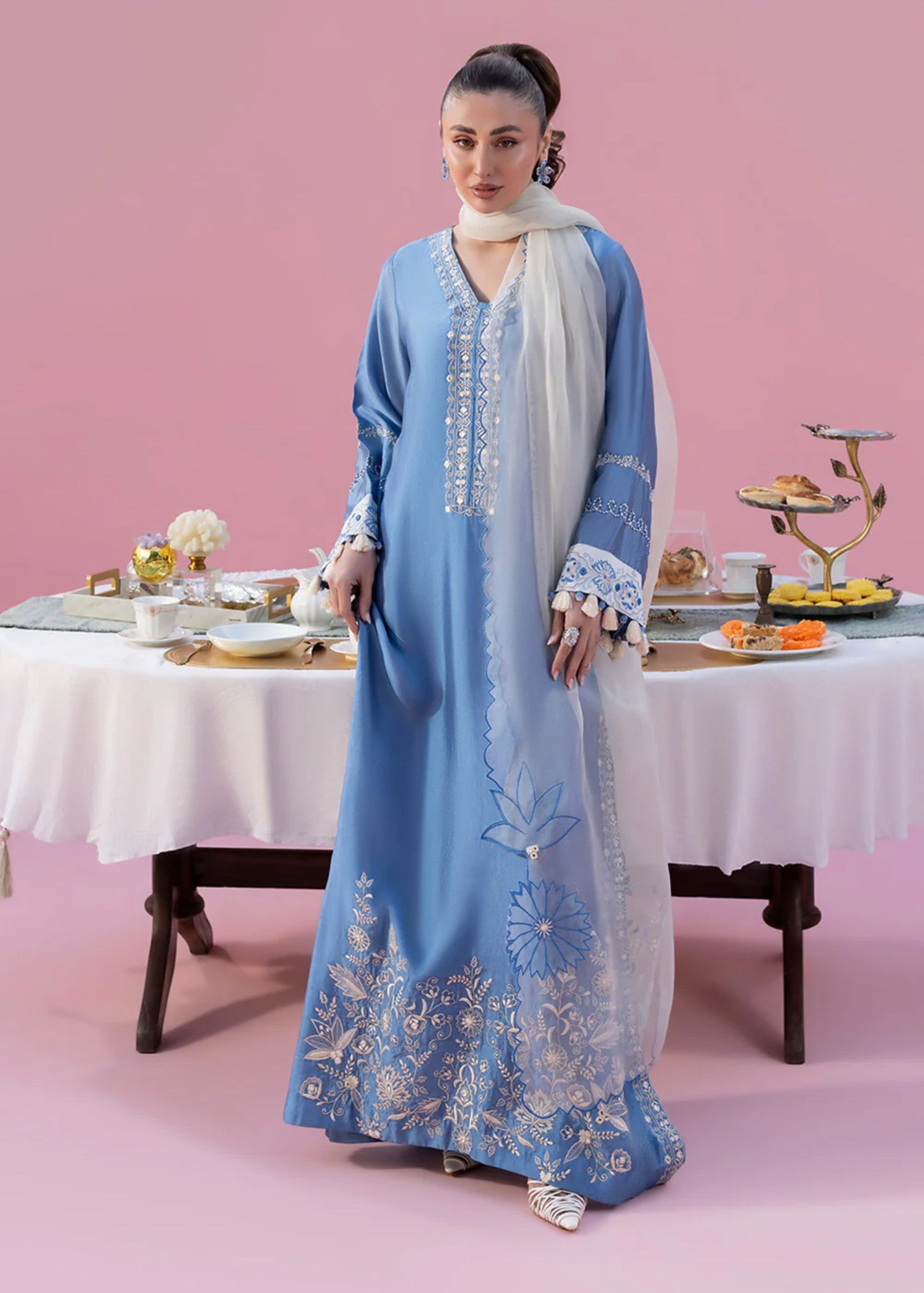 cotton silk Kaftan in Sky blue