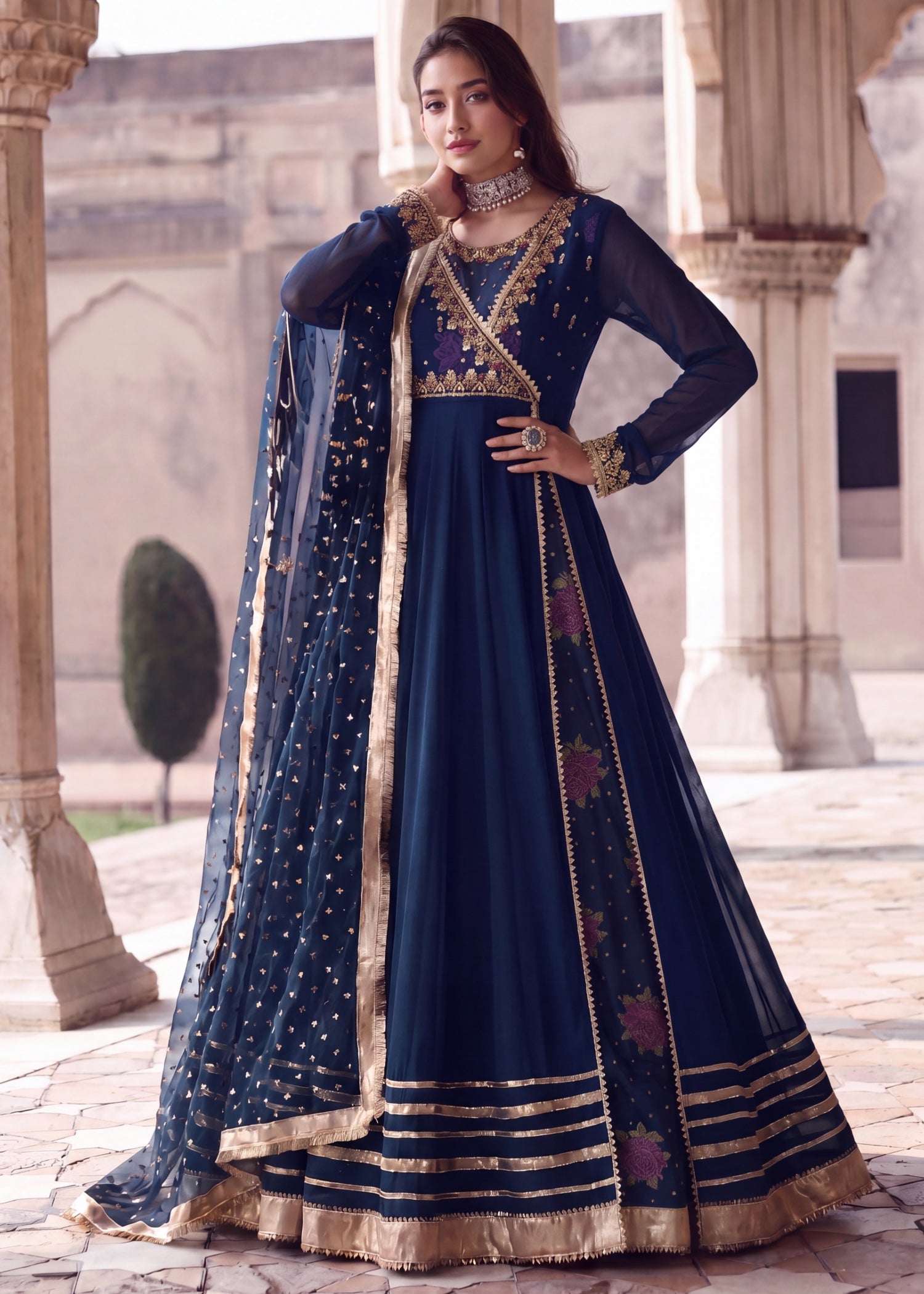 chiffon Angrakha in Cobalt blue