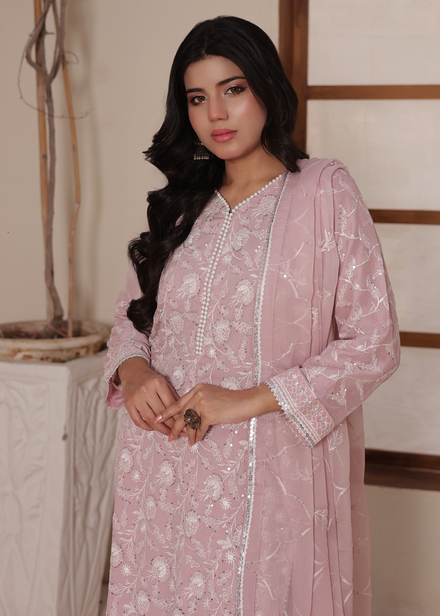 bemberg crinkle chiffon Gharara in Tea rose pink