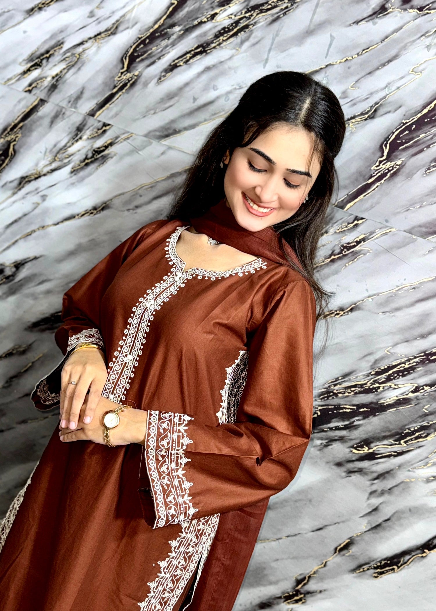 lawn Kurta Set in Bronze orange