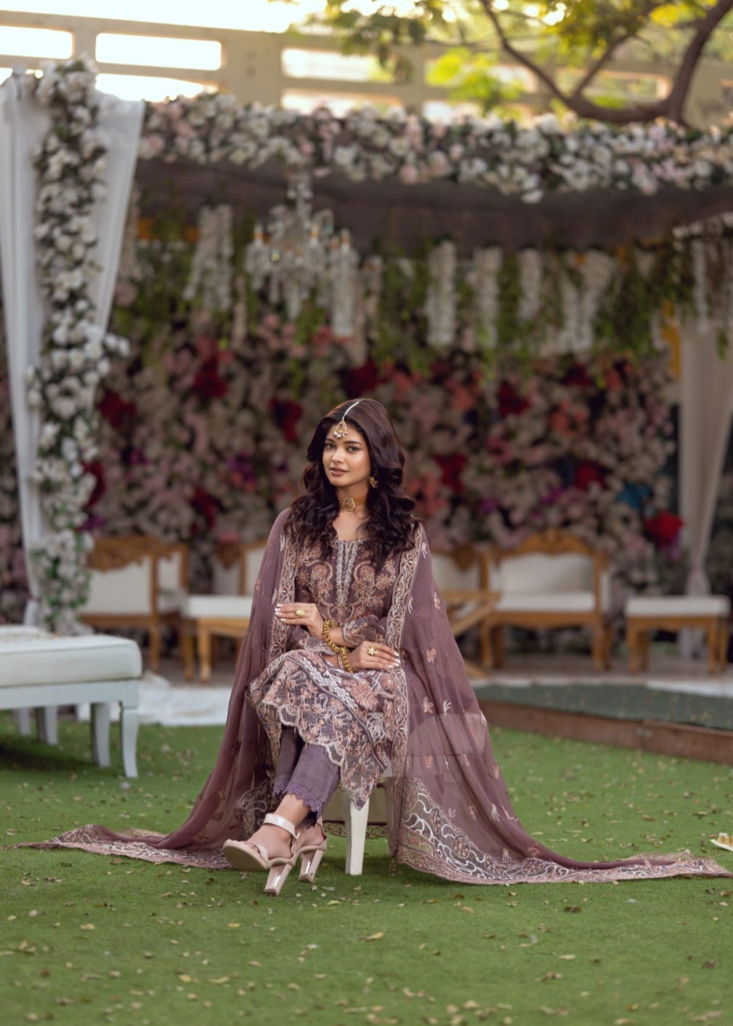 chiffon Kurta Set in Purple taupe