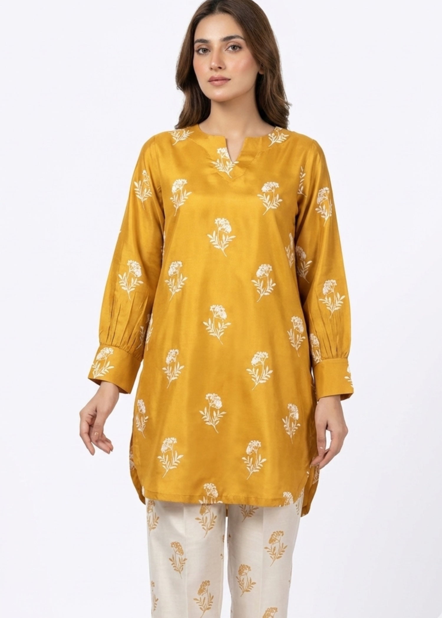 linen Kurta Set in Off-white, mustard