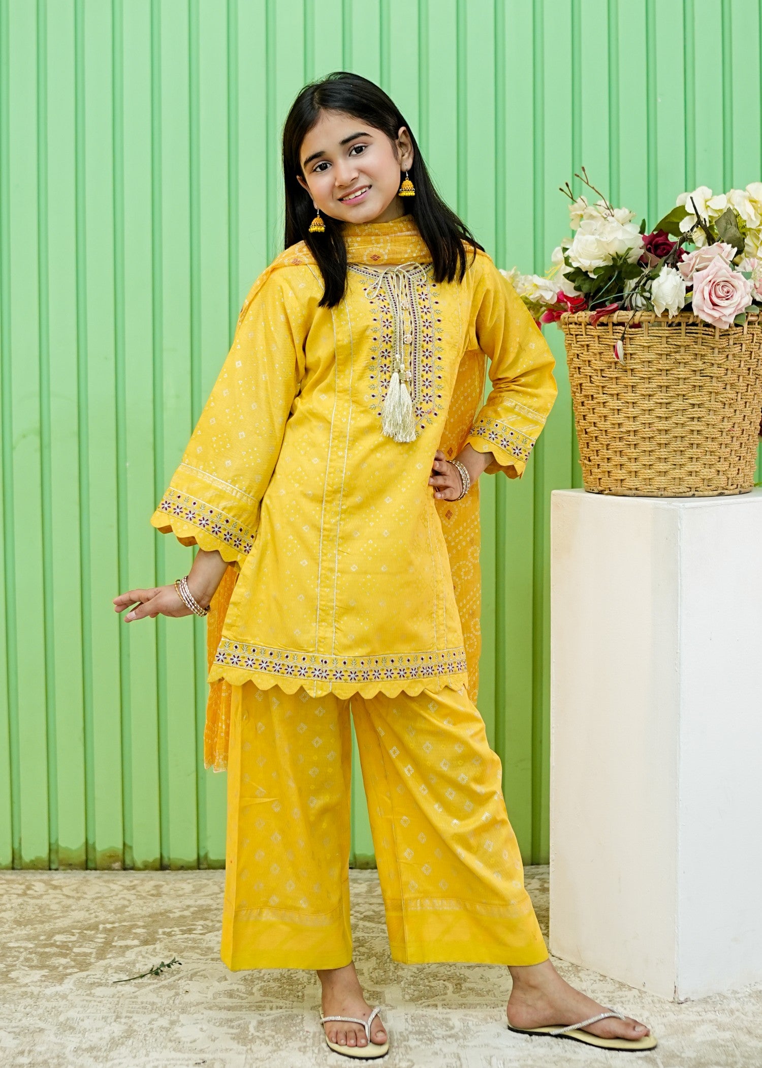 cotton jacquard Kurta Set in Yellow