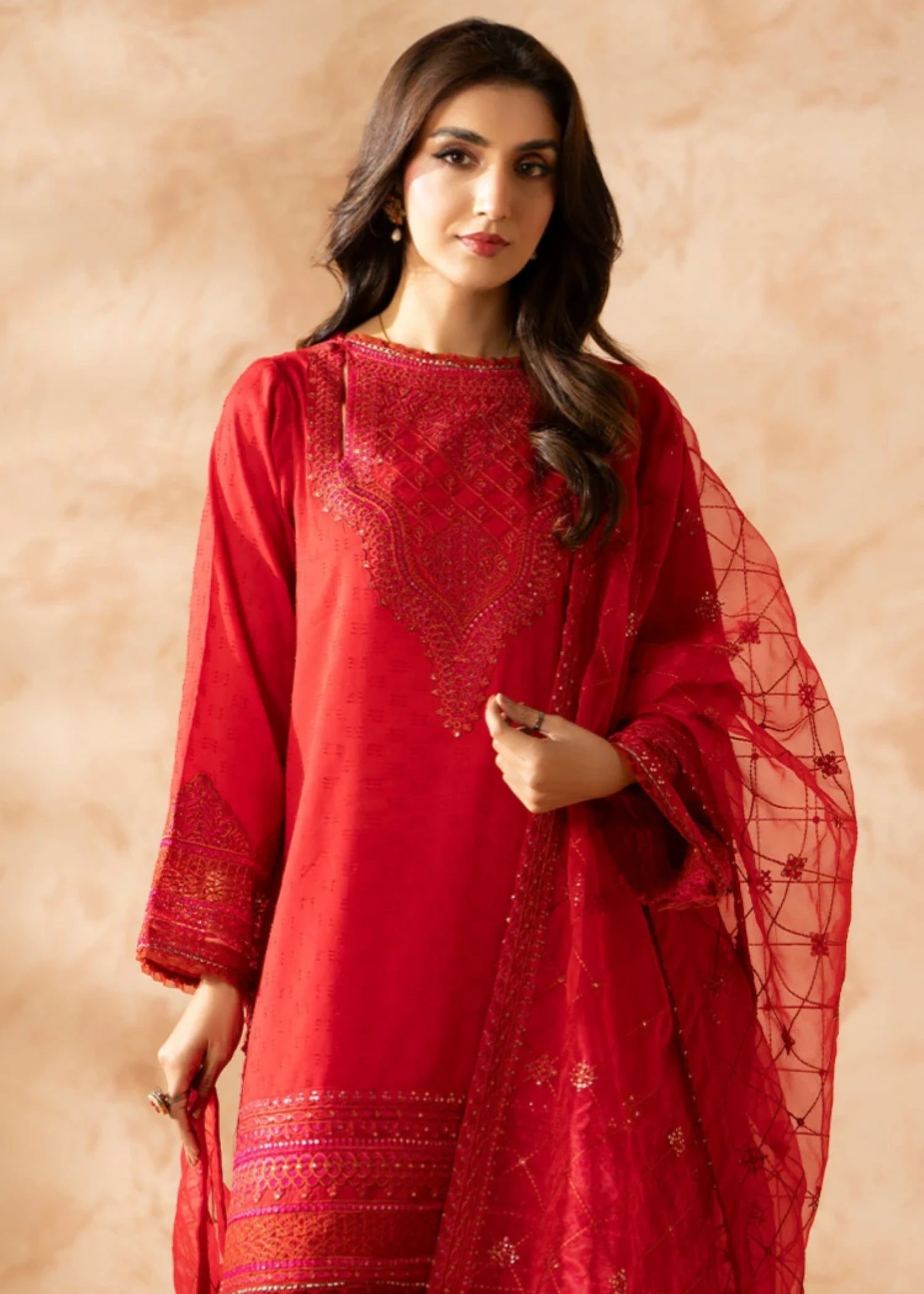 blended linen Kurta Set in Red