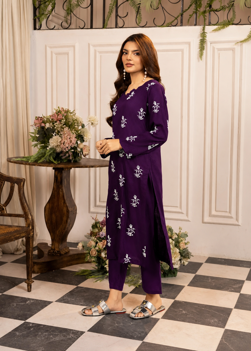 linen Kurta Set in Deep purple