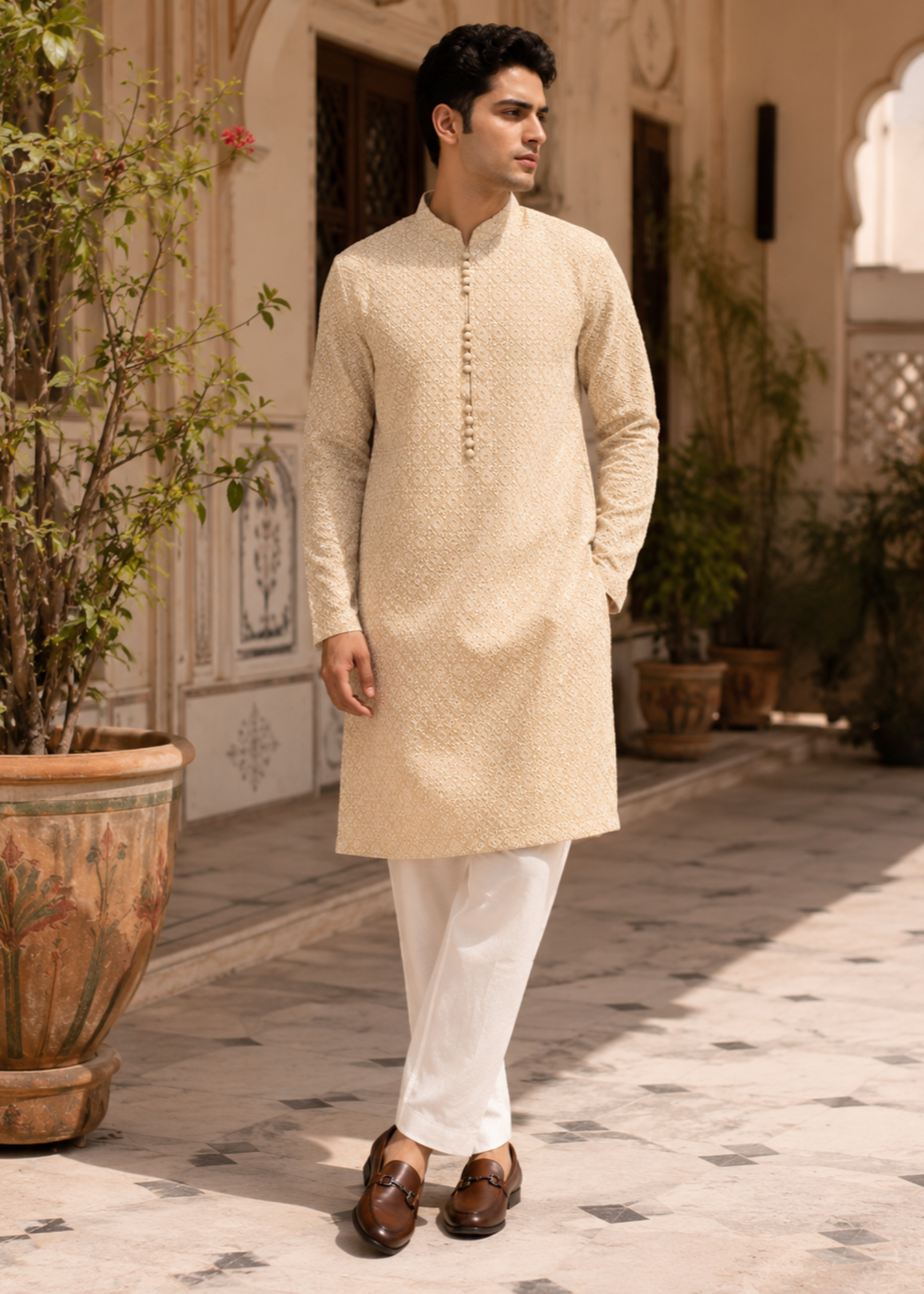 chikankari cotton Kurta Set in Cream by The Great Masters (TGM)