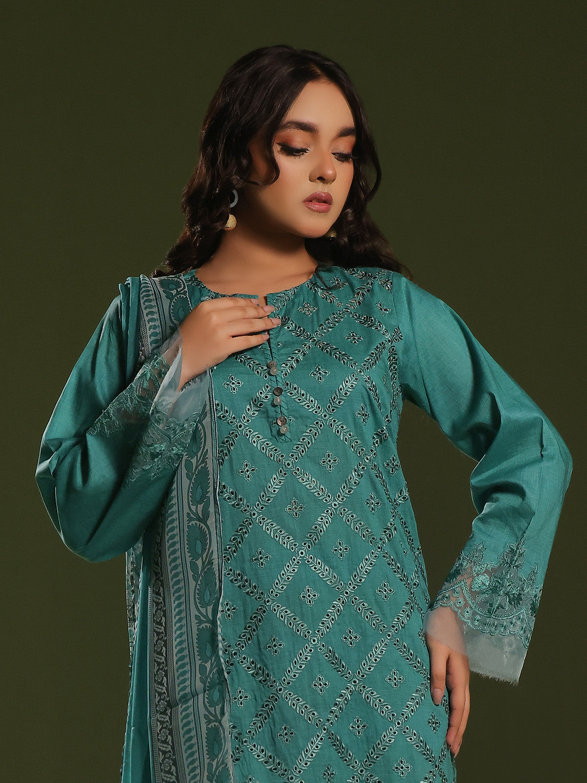 cambric Kurta Set in Pine green