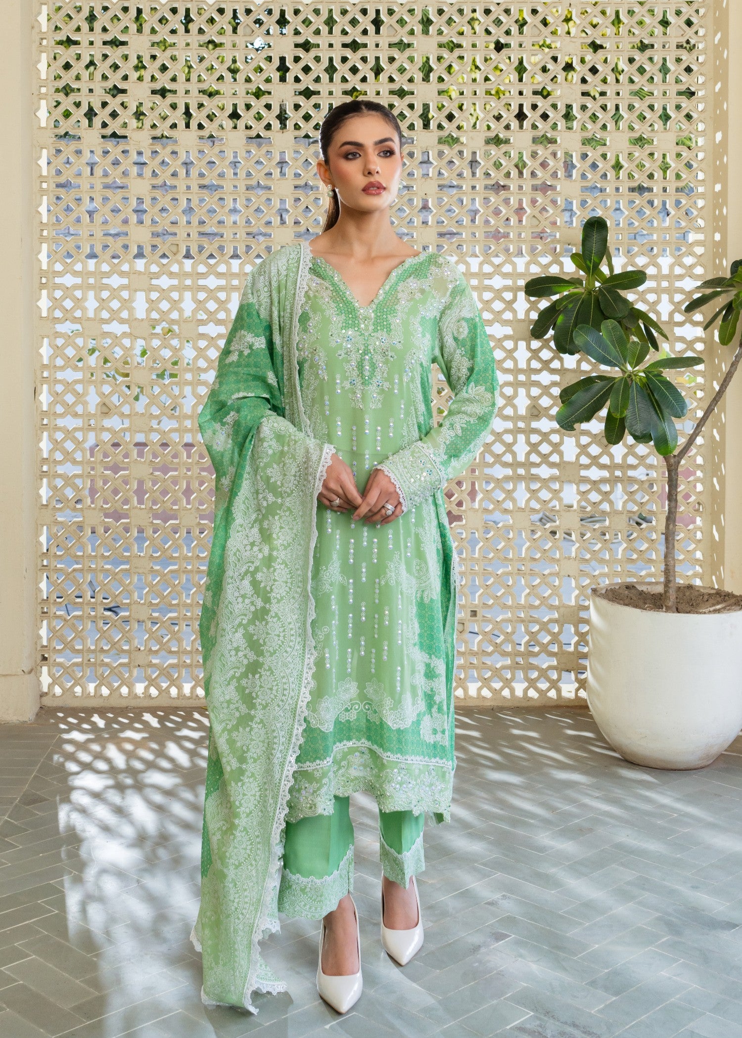 smoky georgette Unstitched in Moss green