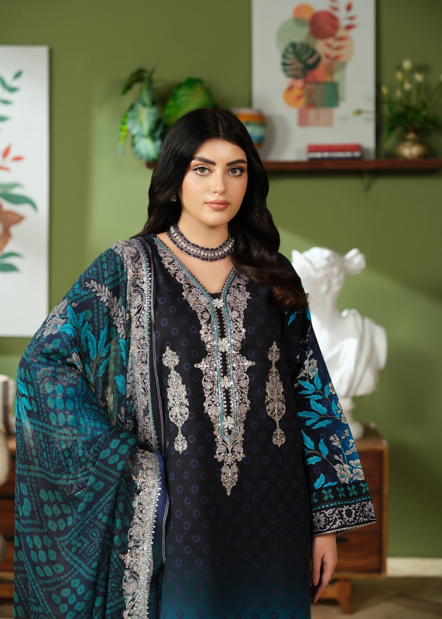 cambric cotton Kurta Set in Blue, black